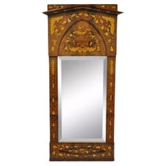Antique Dutch Marquetry Satinwood Inlay Beveled Glass Console Wall Mirror
