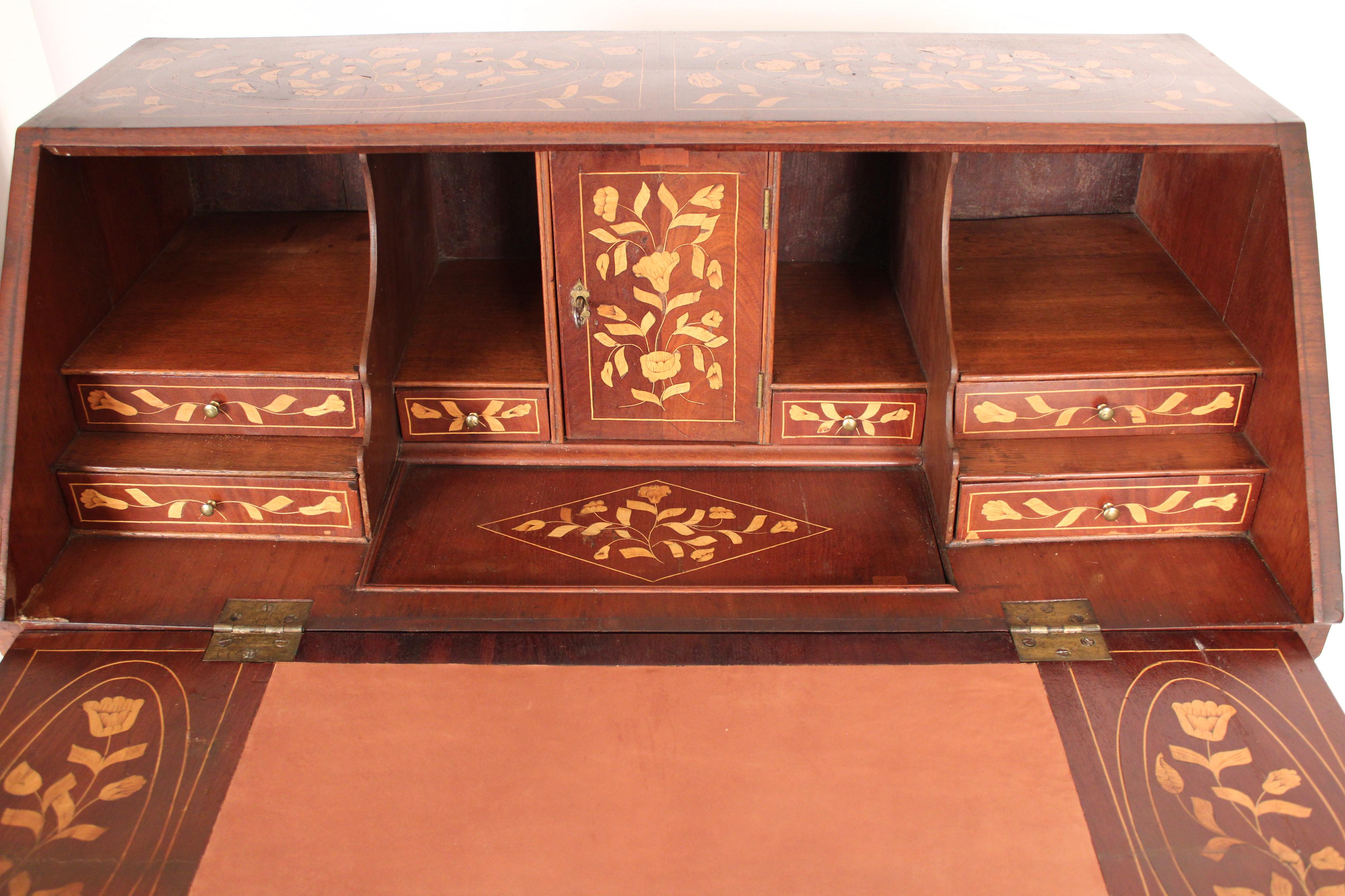 Brass Antique Dutch Marquetry Slant Top Desk For Sale