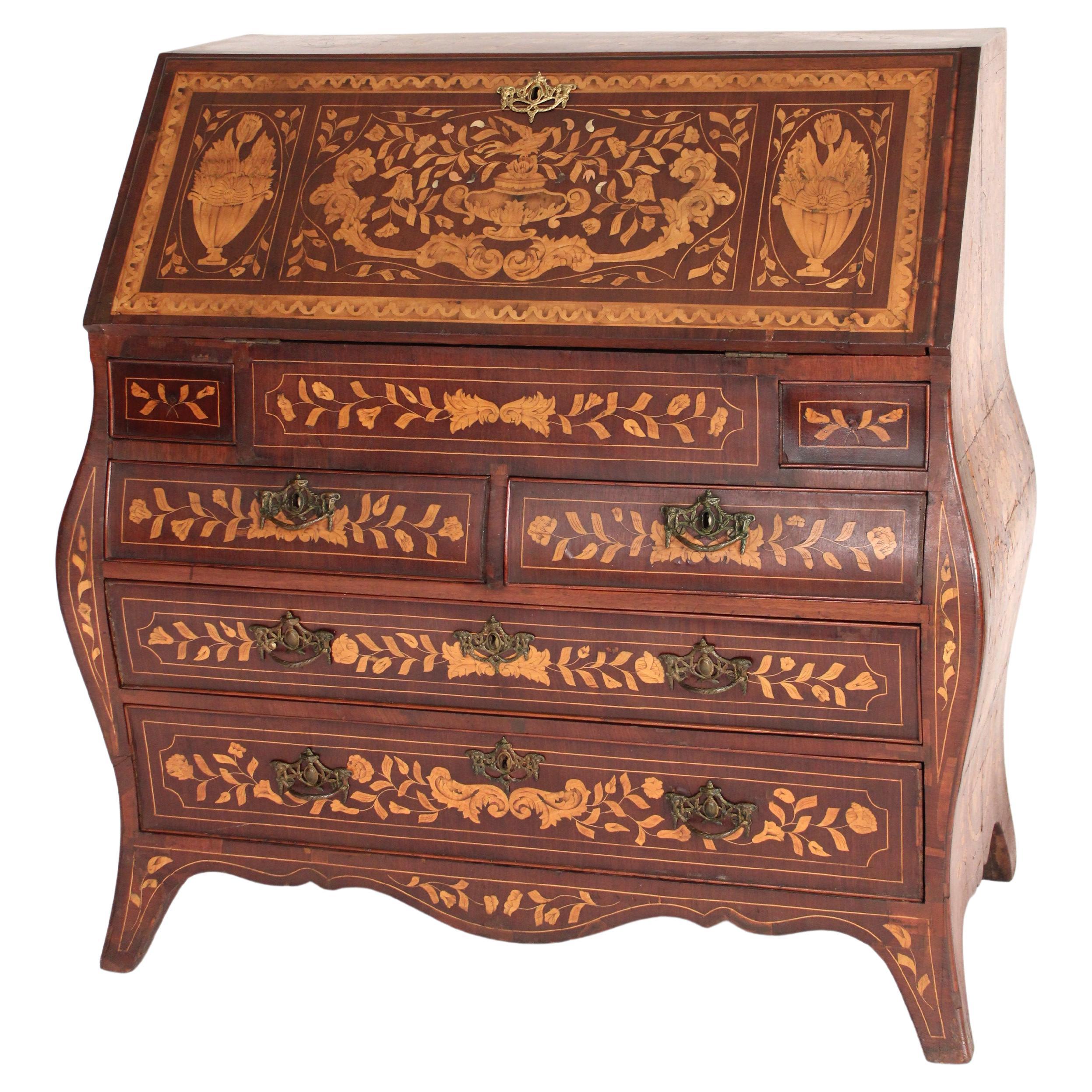 Antique Dutch Marquetry Slant Top Desk For Sale