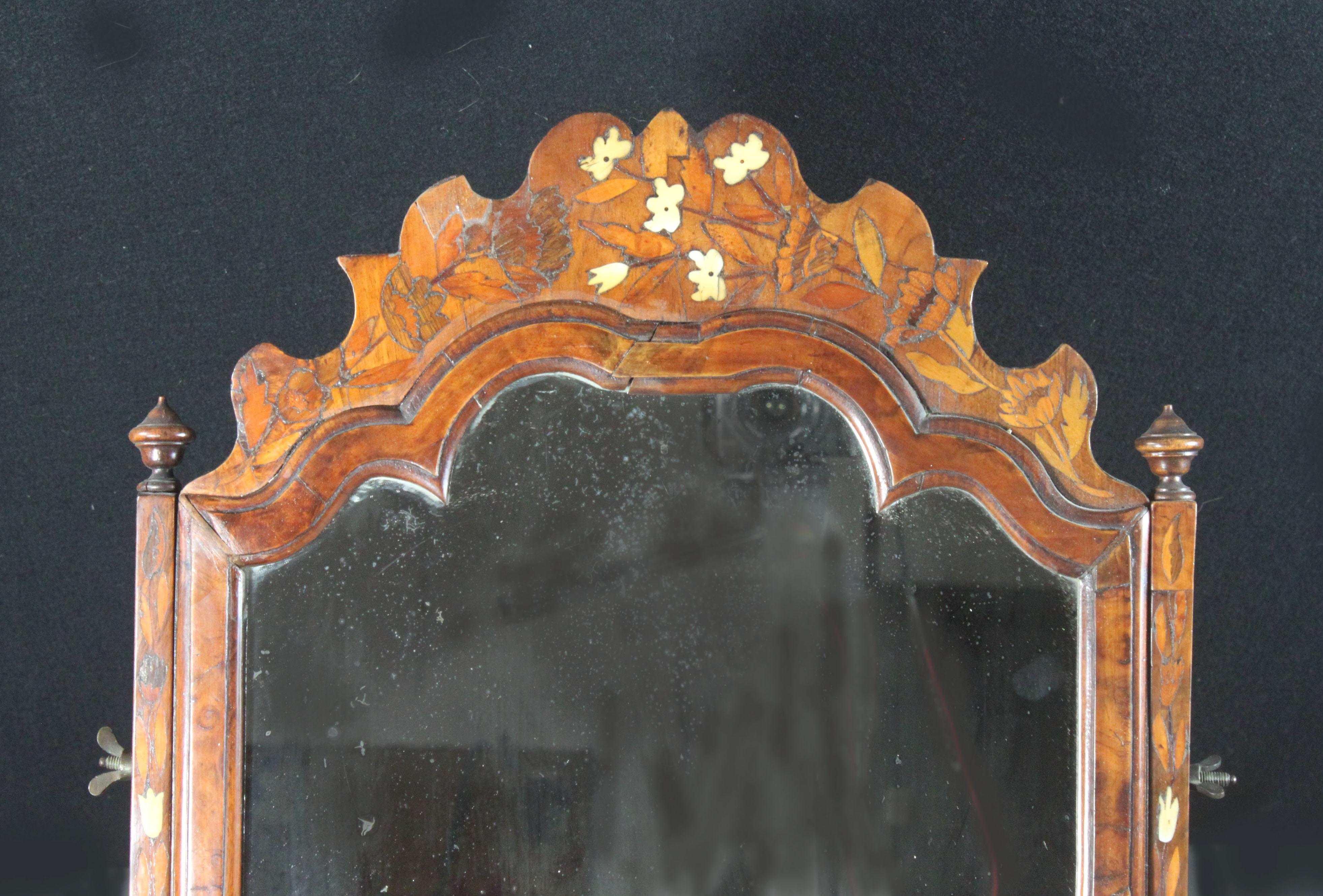 Walnut Antique Dutch Marquetry Toilet Mirror For Sale