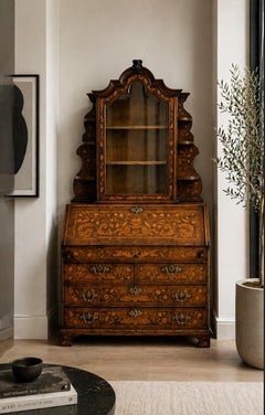 Antique Dutch Marquetry Walnut Bureau Bookcase Desk Cabinet