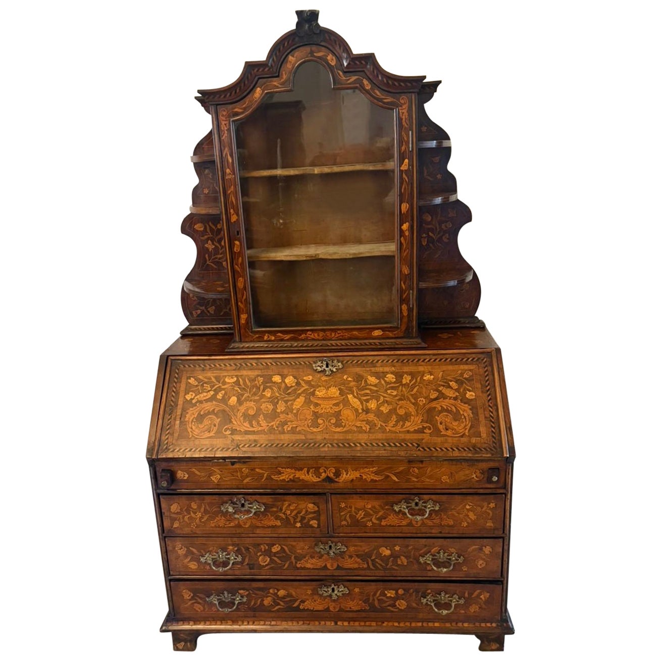 Antique Dutch Marquetry Walnut Bureau Bookcase Desk Cabinet For Sale