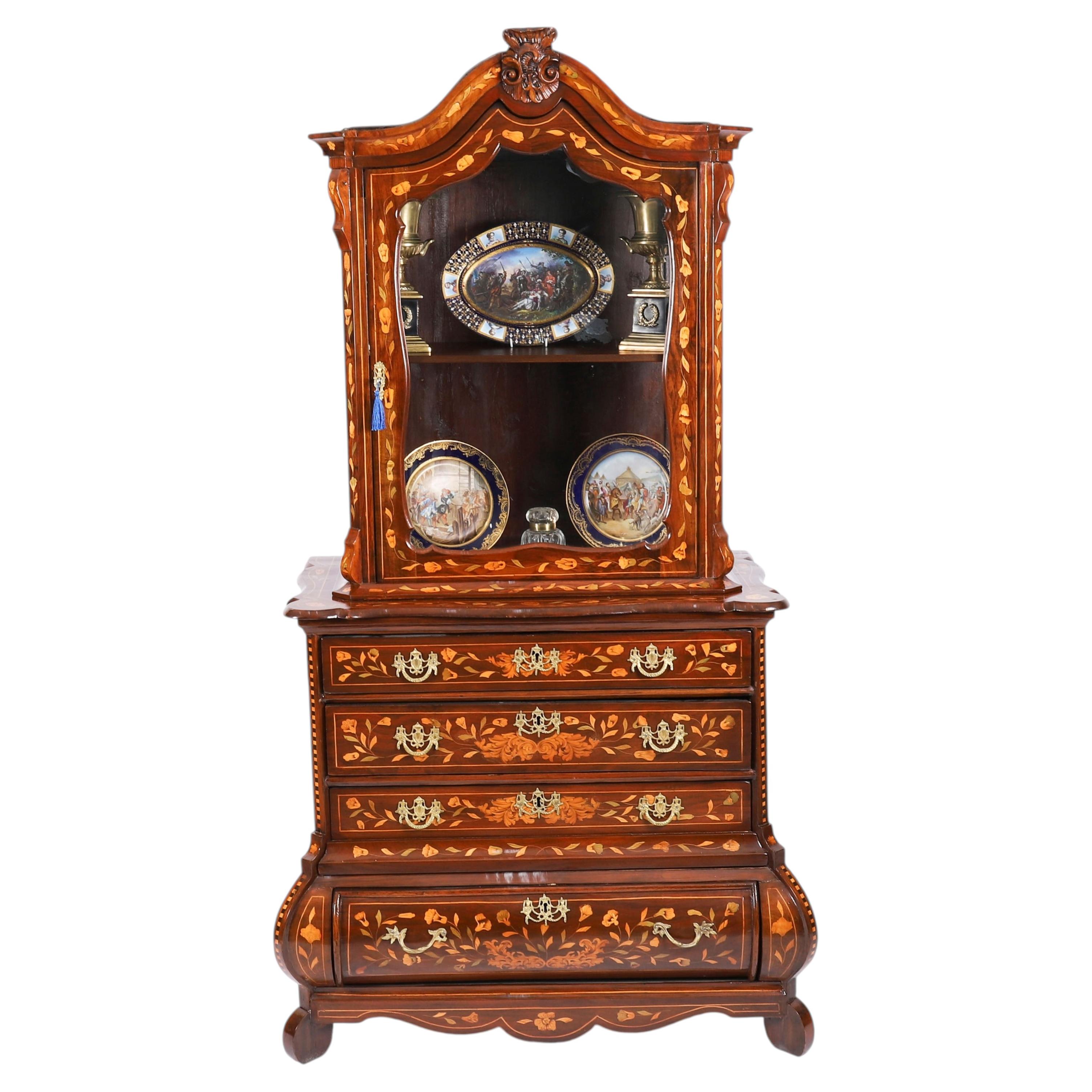 Antique Dutch Marquetry Walnut Cabinet on Chest 18th Century
