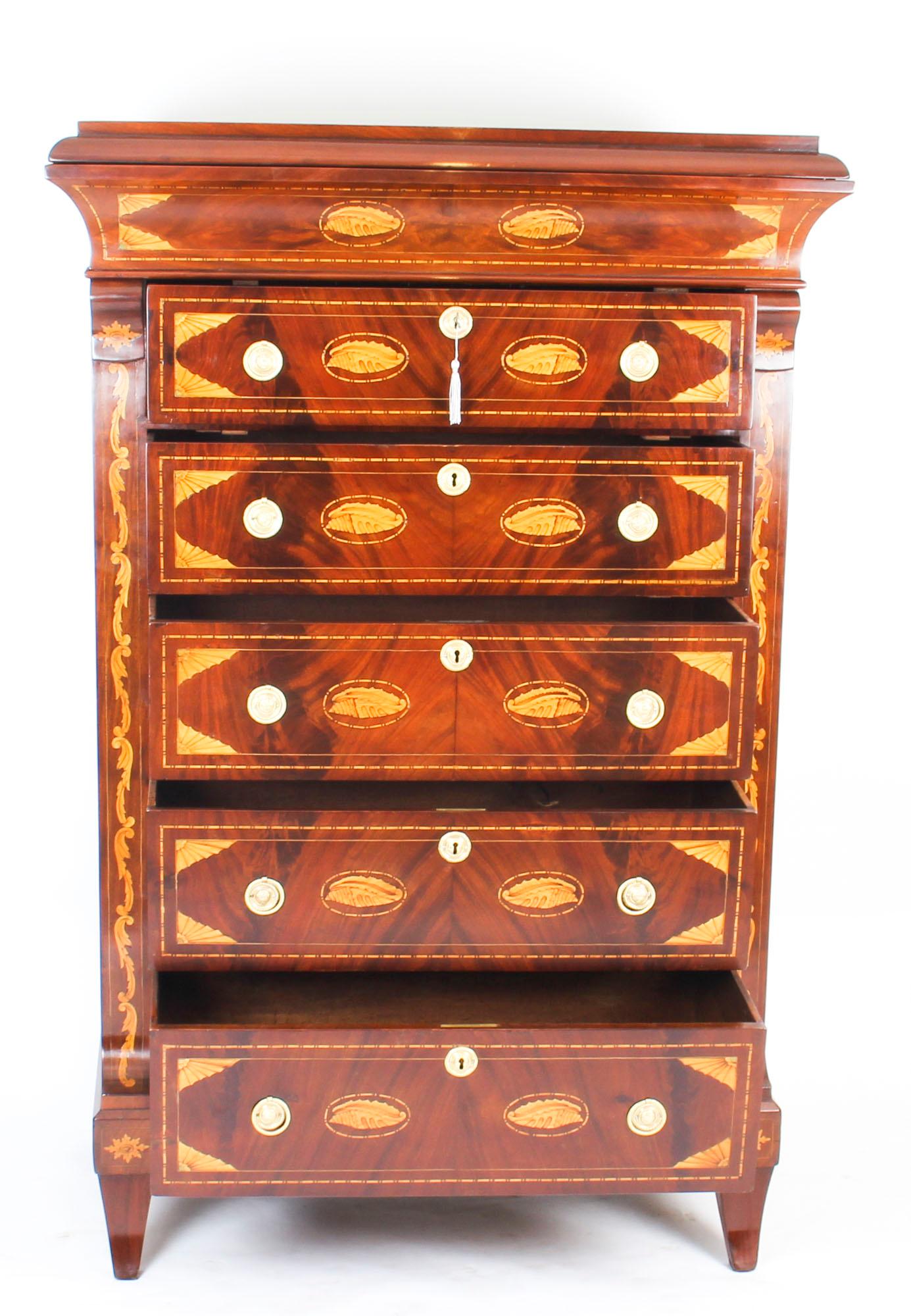 Antique Dutch Marquetry Walnut Seven Drawer Chest, Early 19th Century For Sale 2