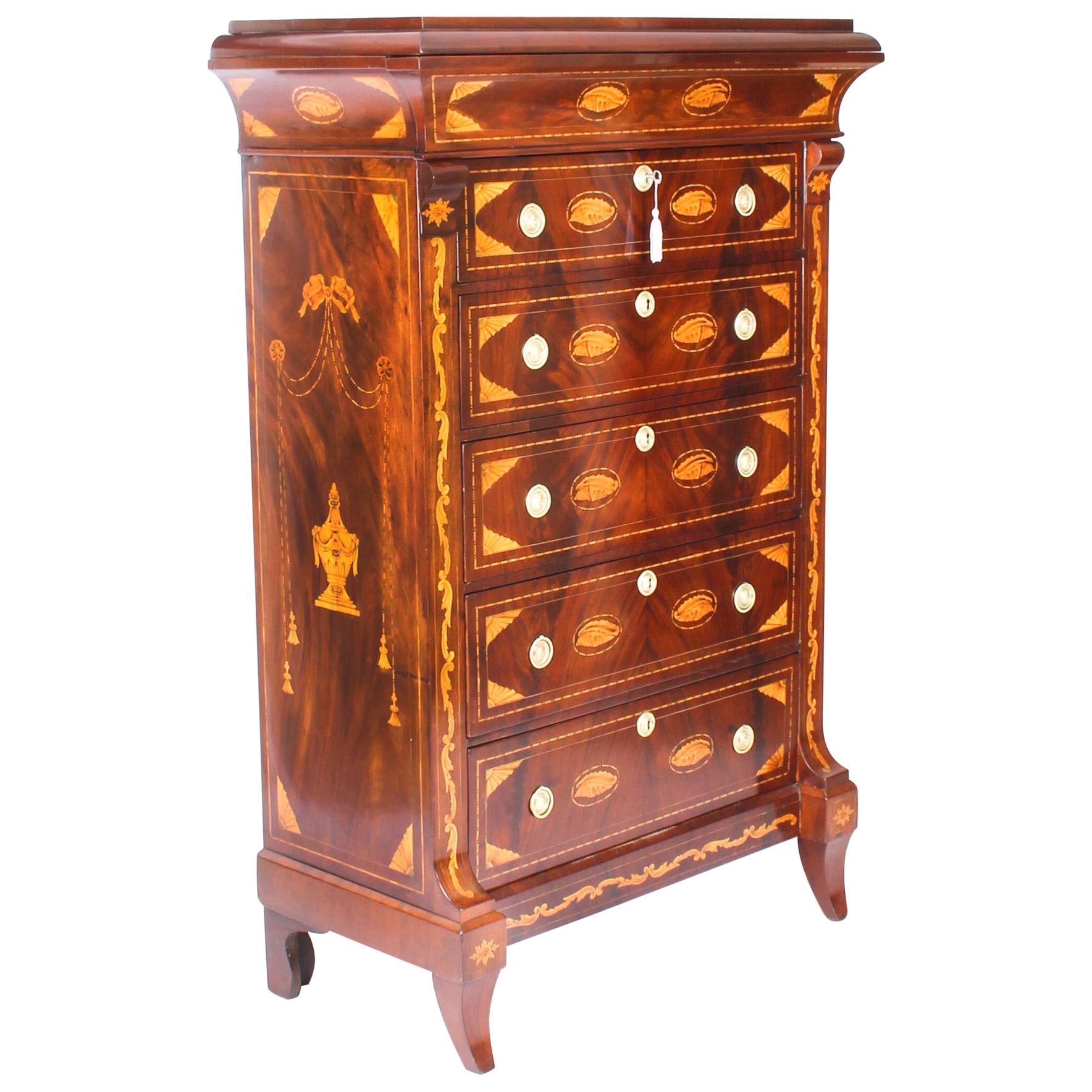 Antique Dutch Marquetry Walnut Seven Drawer Chest, Early 19th Century For Sale
