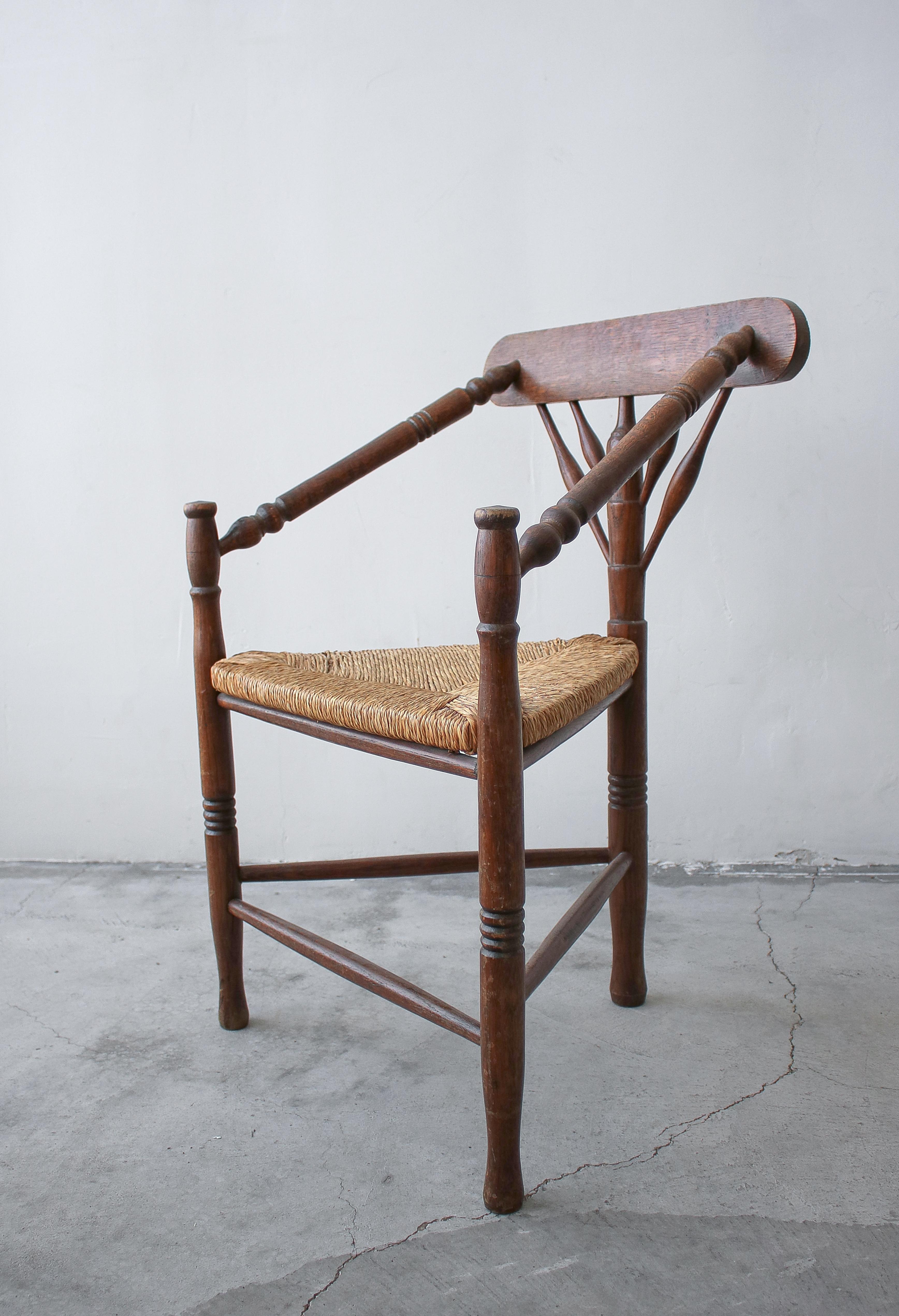 Primitive Antique Dutch Oak and Rush Turner's Chair For Sale