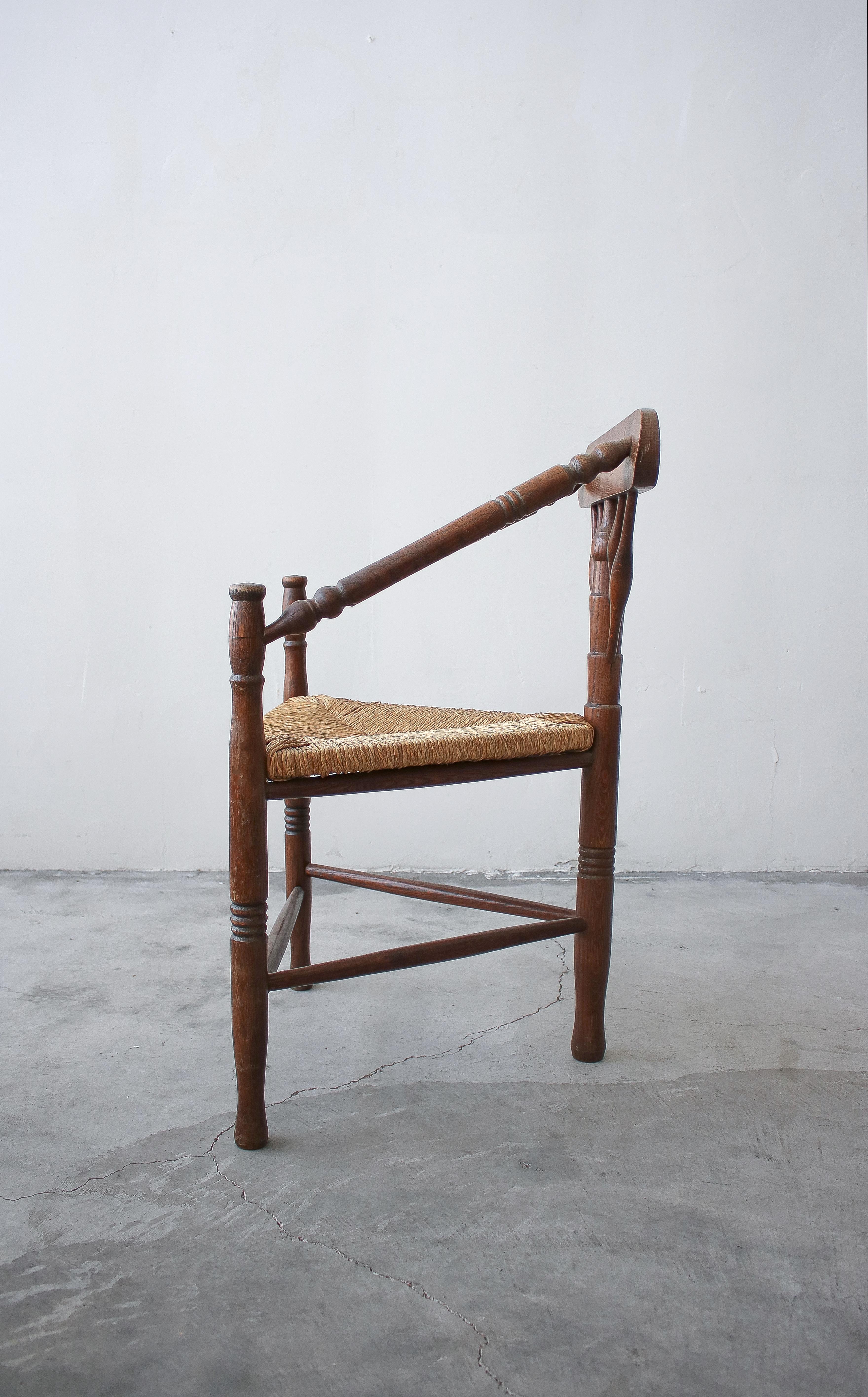 19th Century Antique Dutch Oak and Rush Turner's Chair For Sale