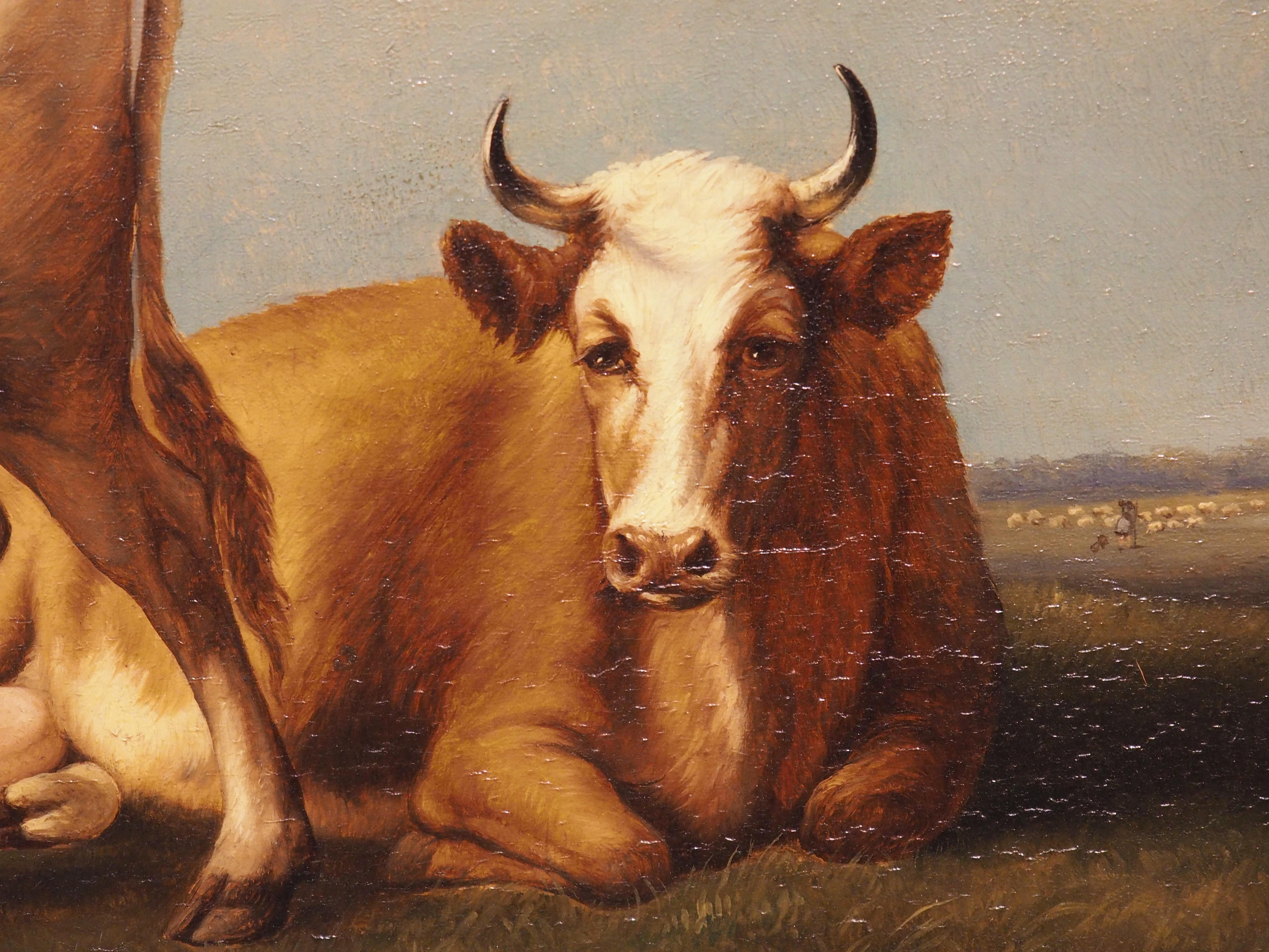 Antique Dutch Oil on Board Painting of Cattle, Signed and Dated 1858 For Sale 6