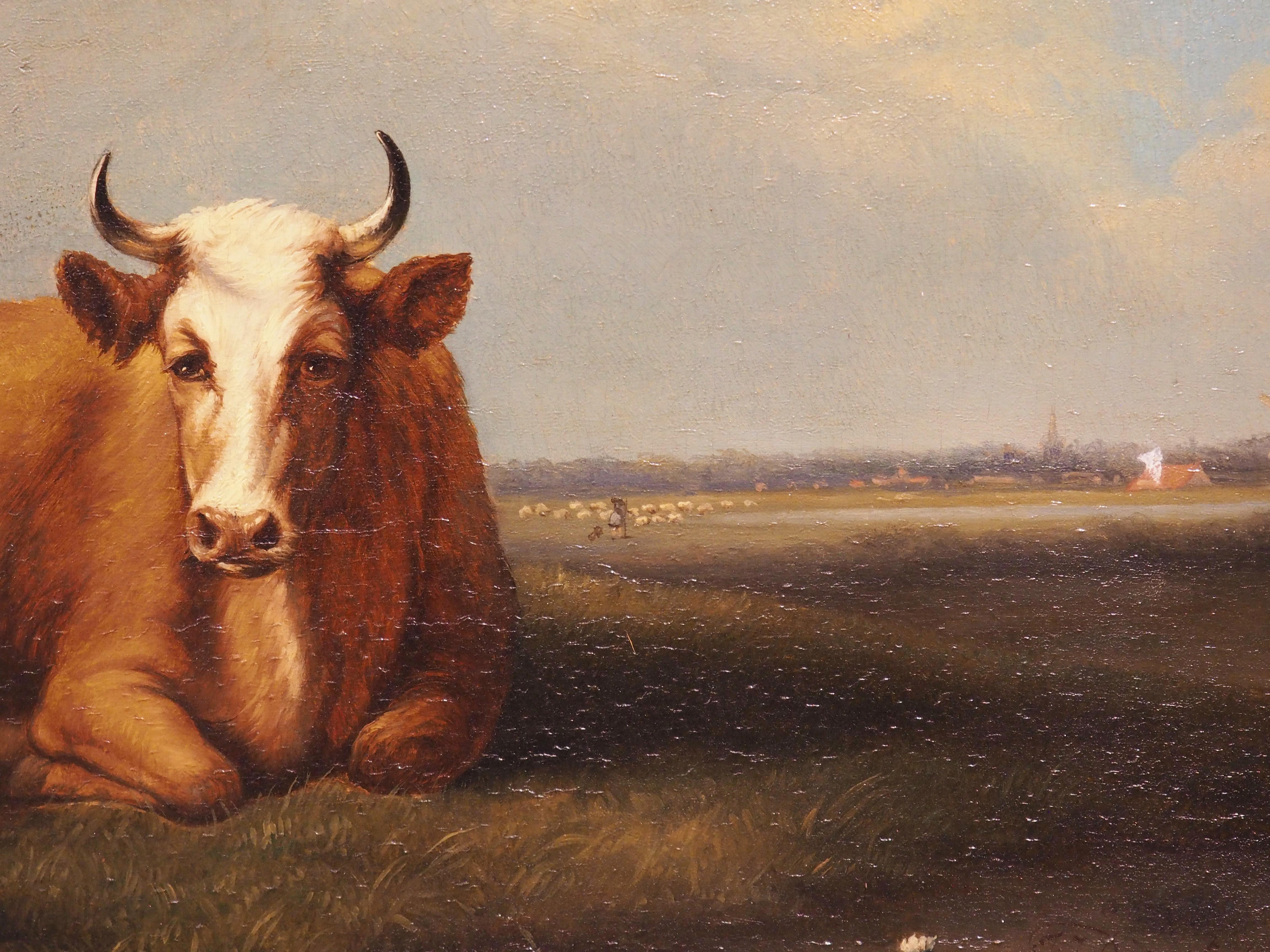Antique Dutch Oil on Board Painting of Cattle, Signed and Dated 1858 For Sale 7