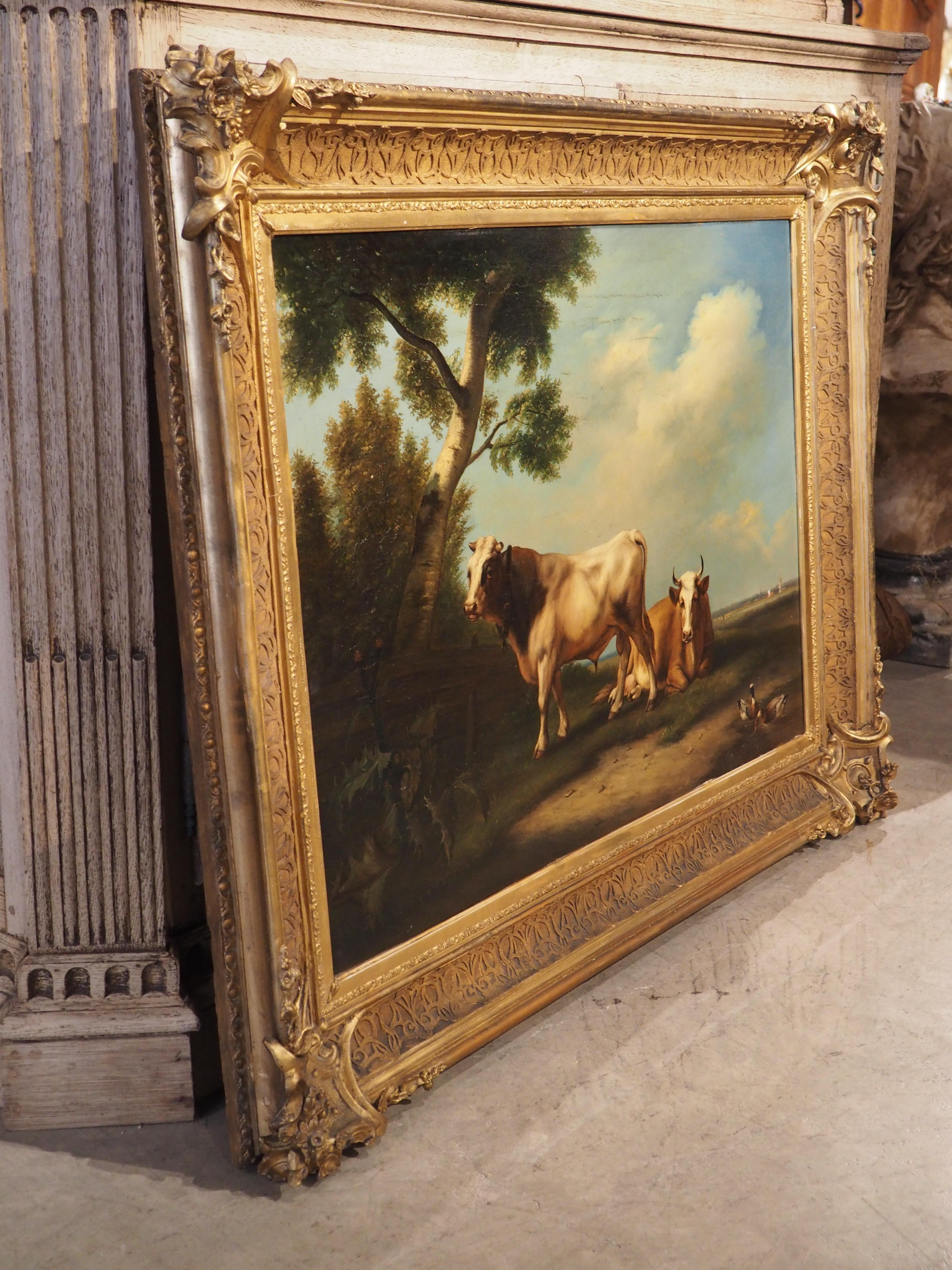 Antique Dutch Oil on Board Painting of Cattle, Signed and Dated 1858 For Sale 12