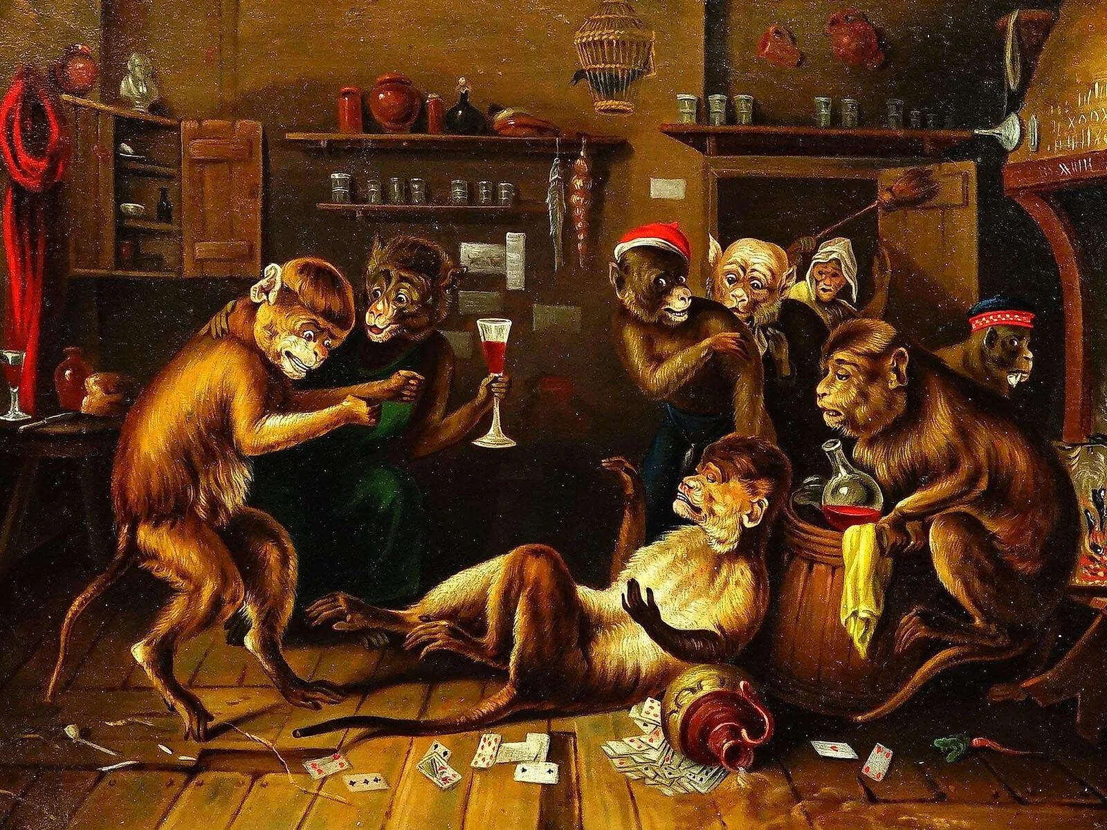 Cette rare peinture à l'huile sur cuivre, exceptionnellement bien conservée, présente une scène de taverne tapageuse et théâtralement détaillée, dans laquelle une troupe de singes - représentant l'humanité - s'adonne à une débauche joyeuse et à un