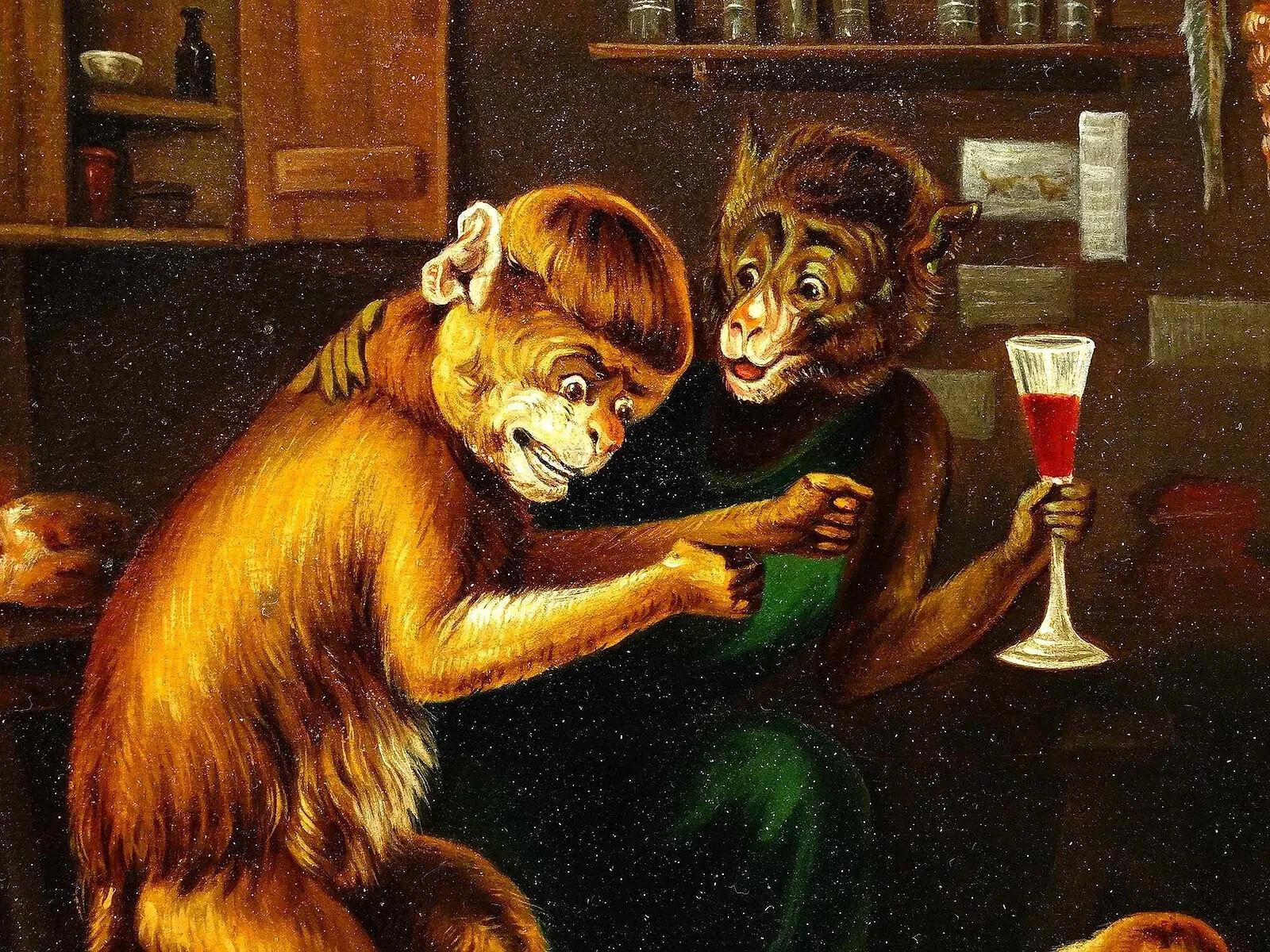 Inconnu Monkeys débauchés pailletant et bouffant dans une peinture de taverne Dingy en vente