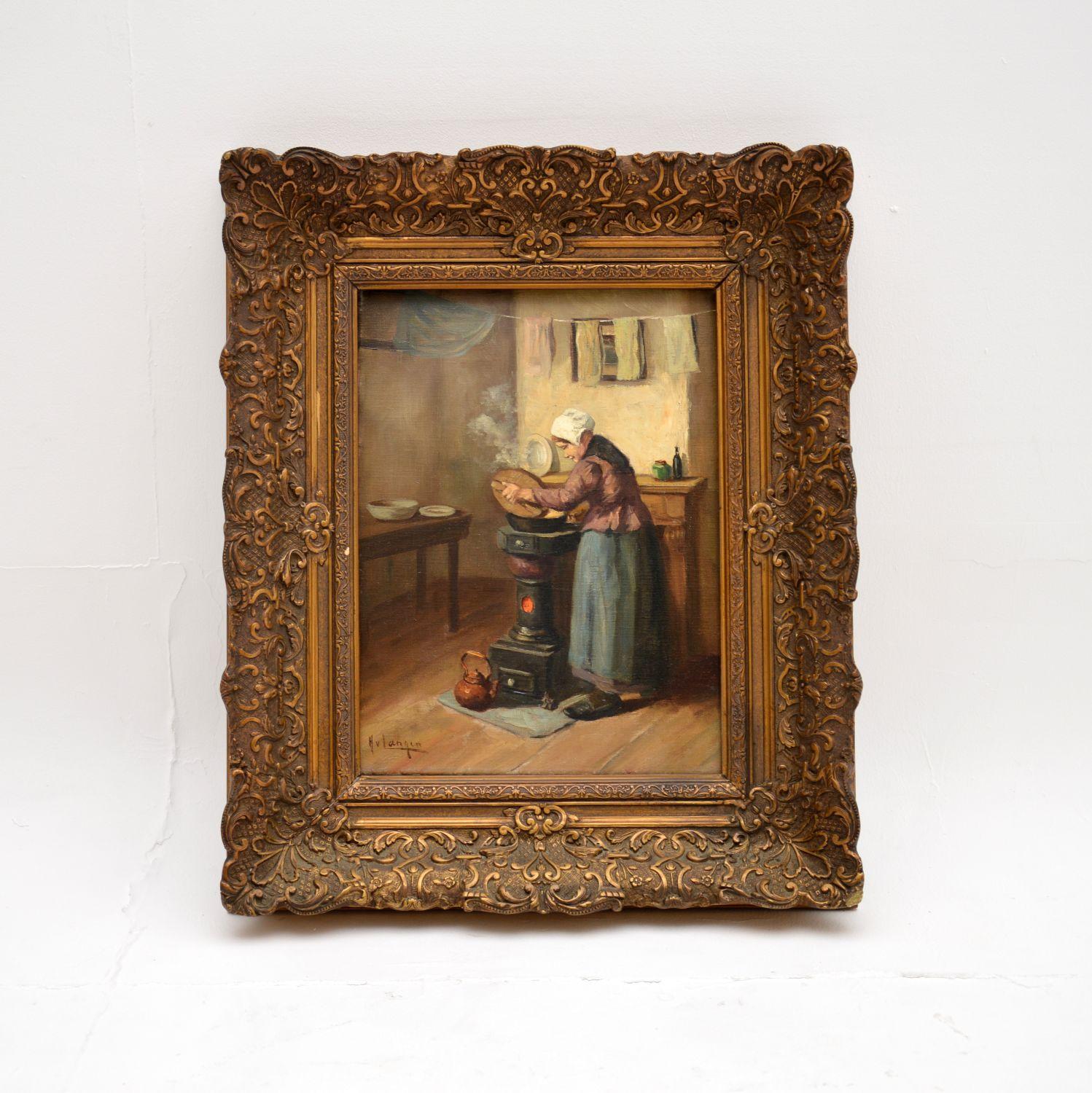 A beautiful antique oil painting by the well known Dutch artist Hendrikus Johannes Franciscus van Langen. This dates from the early twentieth century around 1900-1920.

It depicts a peasant woman cooking, it is beautifully executed and mounted in a