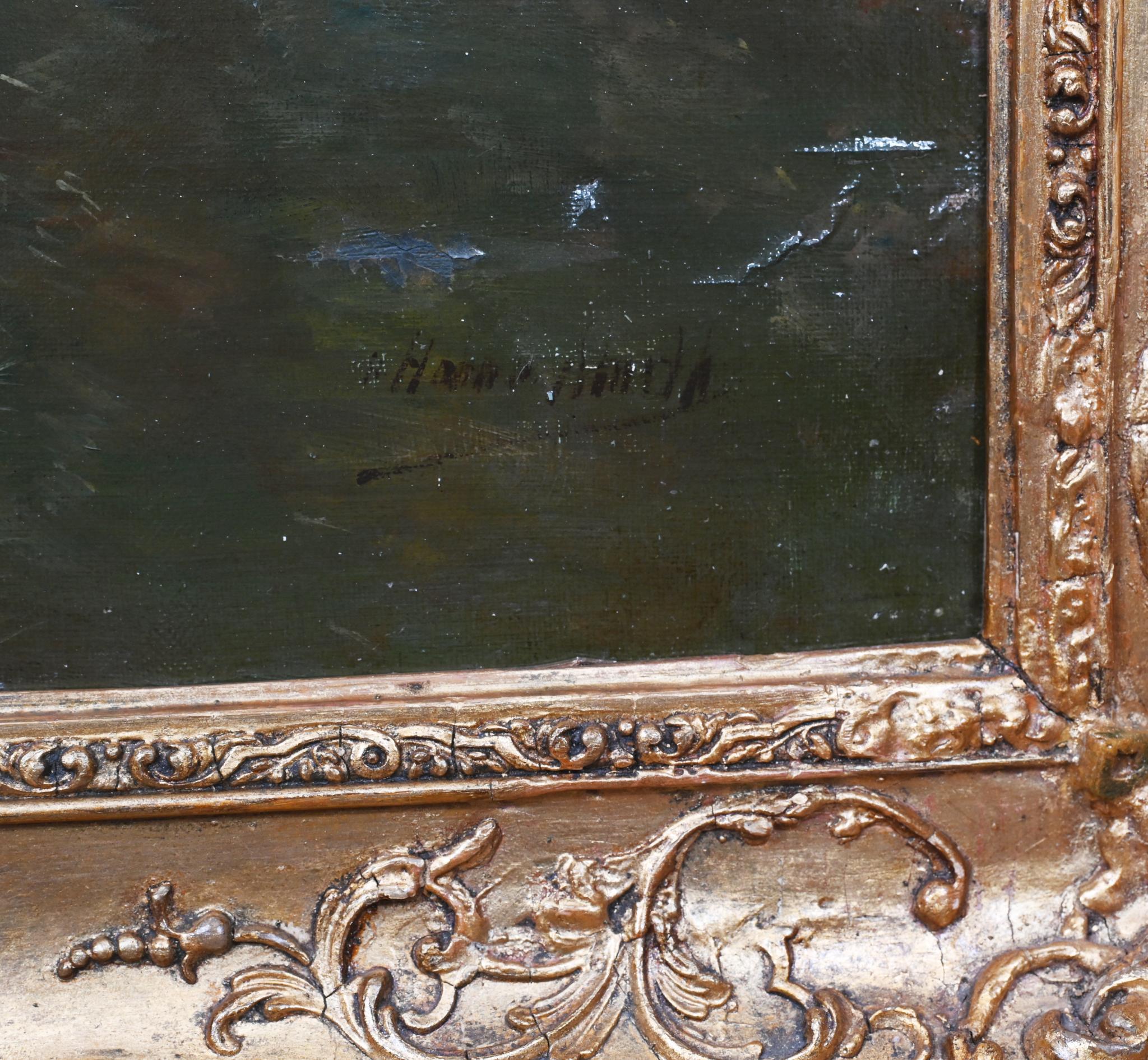 Peinture à l'huile hollandaise ancienne Paysage de moulin à vent sur canal 1880 en vente 4