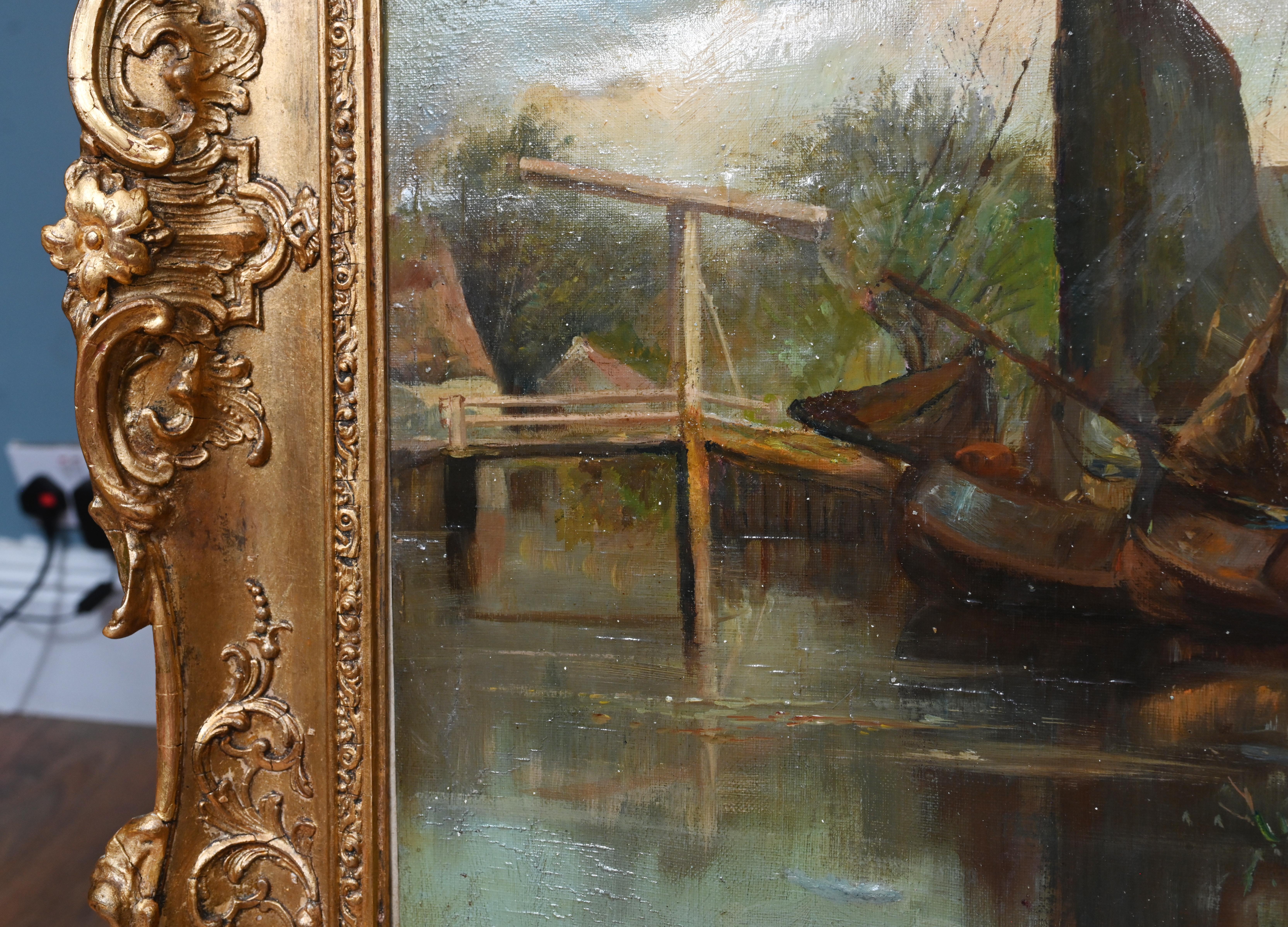 Antico dipinto ad olio olandese Paesaggio del mulino a vento del canale 1880 in vendita 6