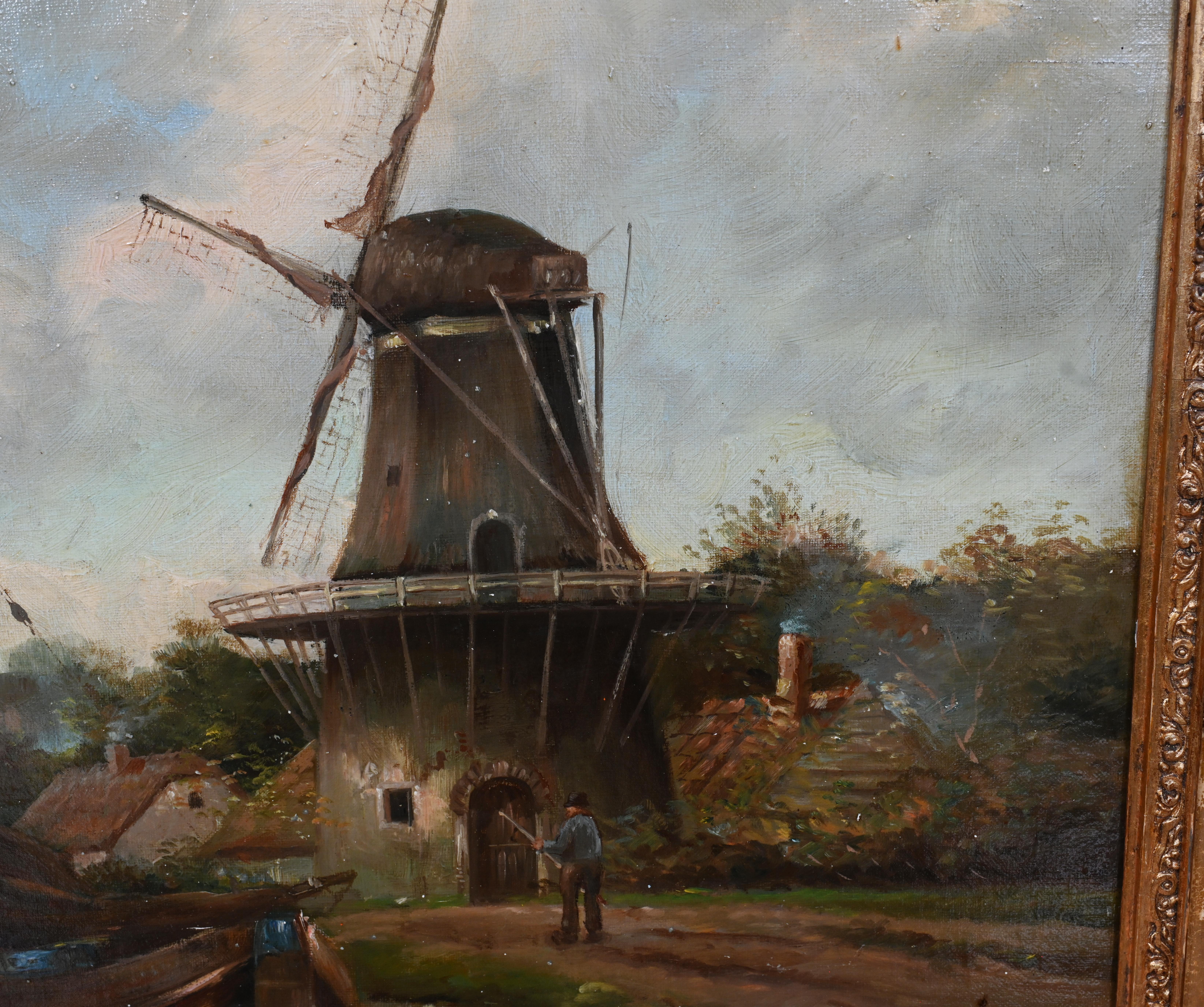 Stai visualizzando uno splendido dipinto a olio olandese che raffigura un classico paesaggio dell'Olanda.
Ovviamente si tratta di un canale con un mulino a vento sullo sfondo.
È molto evocativo dell'Olanda e presenta anche una figura con una canna