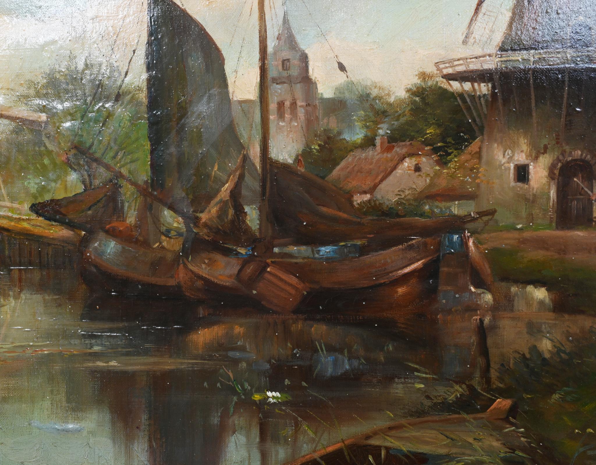 Peint à la main Peinture à l'huile hollandaise ancienne Paysage de moulin à vent sur canal 1880 en vente