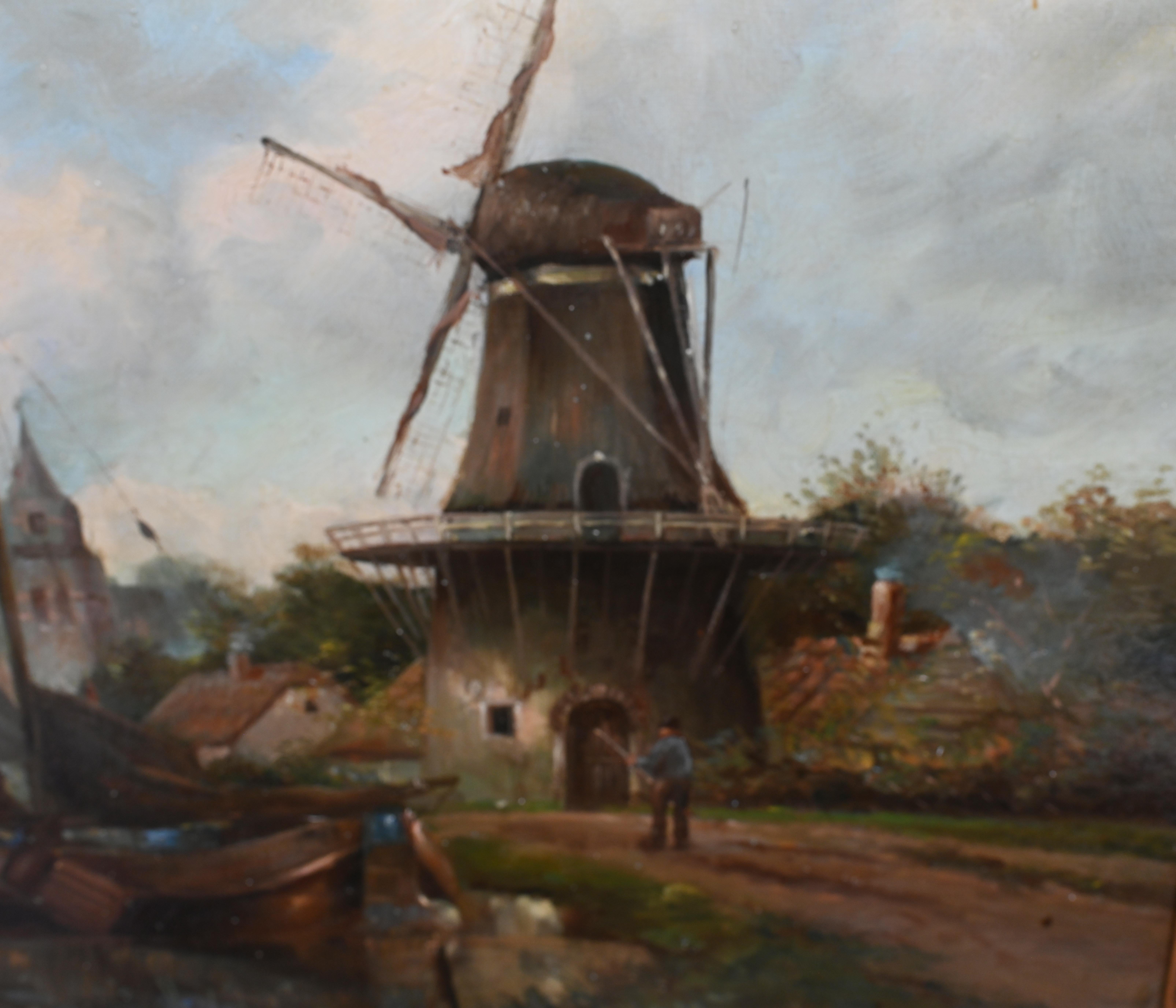 Fine XIX secolo Antico dipinto ad olio olandese Paesaggio del mulino a vento del canale 1880 in vendita