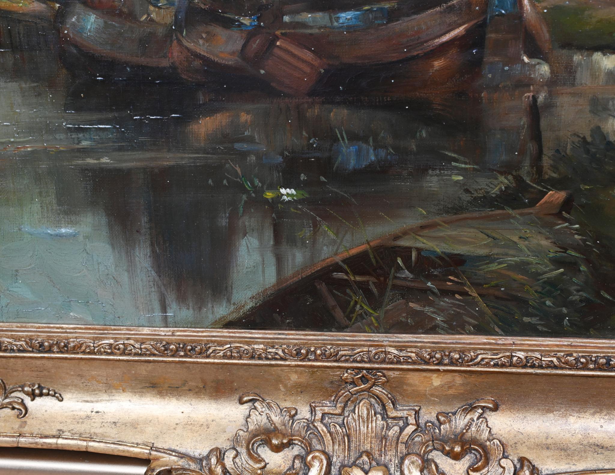 Fin du XIXe siècle Peinture à l'huile hollandaise ancienne Paysage de moulin à vent sur canal 1880 en vente