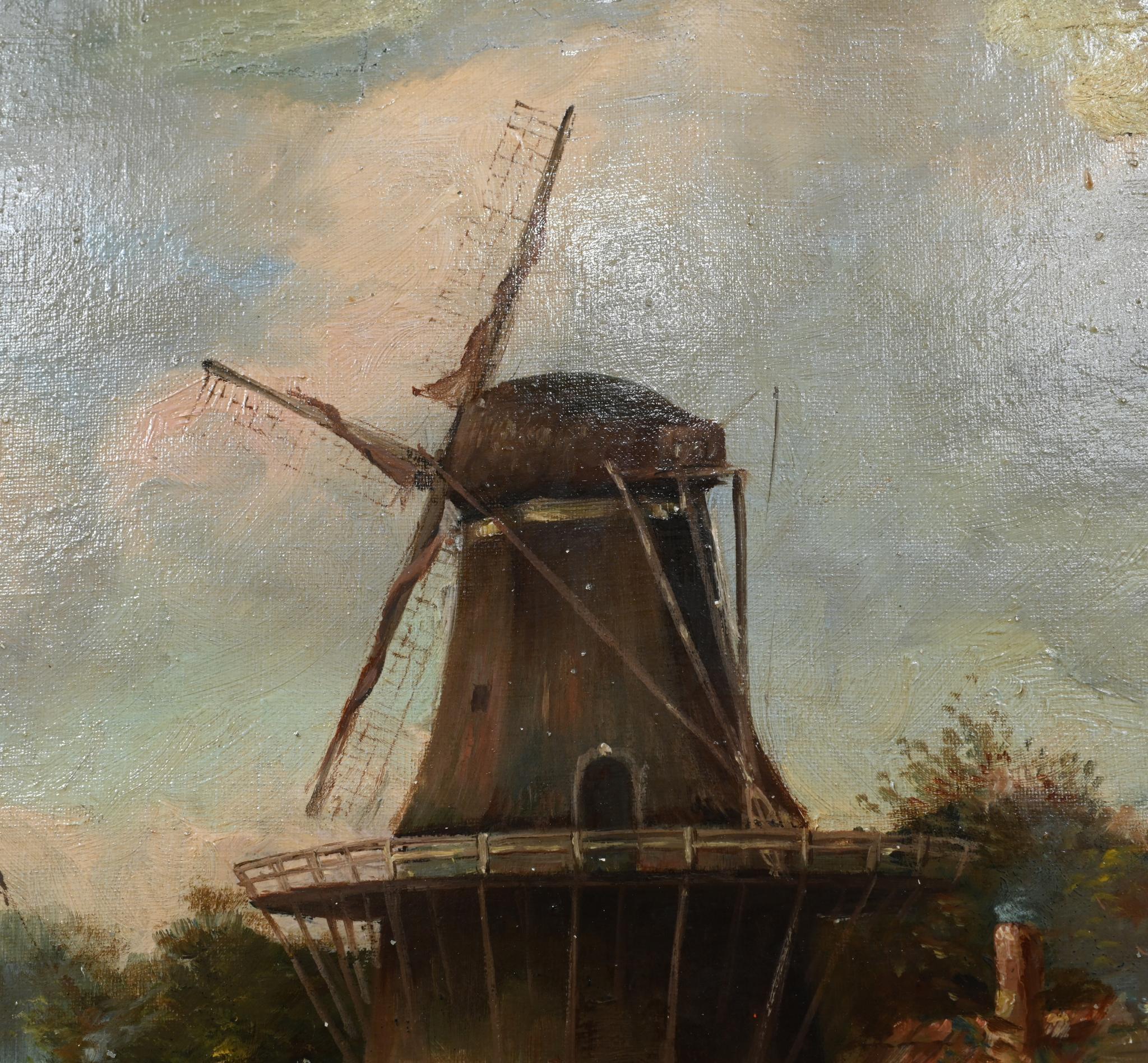Bois doré Peinture à l'huile hollandaise ancienne Paysage de moulin à vent sur canal 1880 en vente