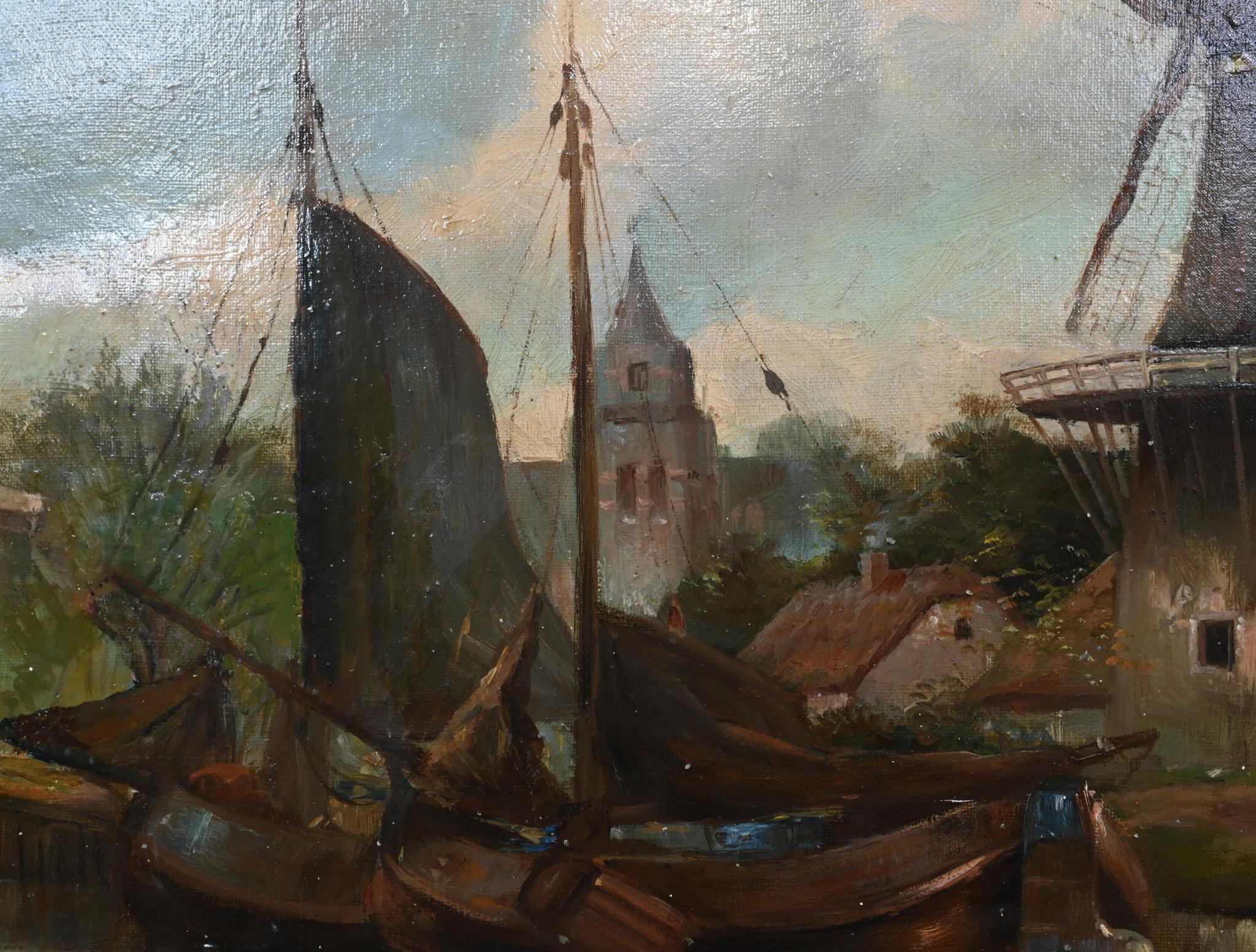 Peinture à l'huile hollandaise ancienne Paysage de moulin à vent sur canal 1880 en vente 1