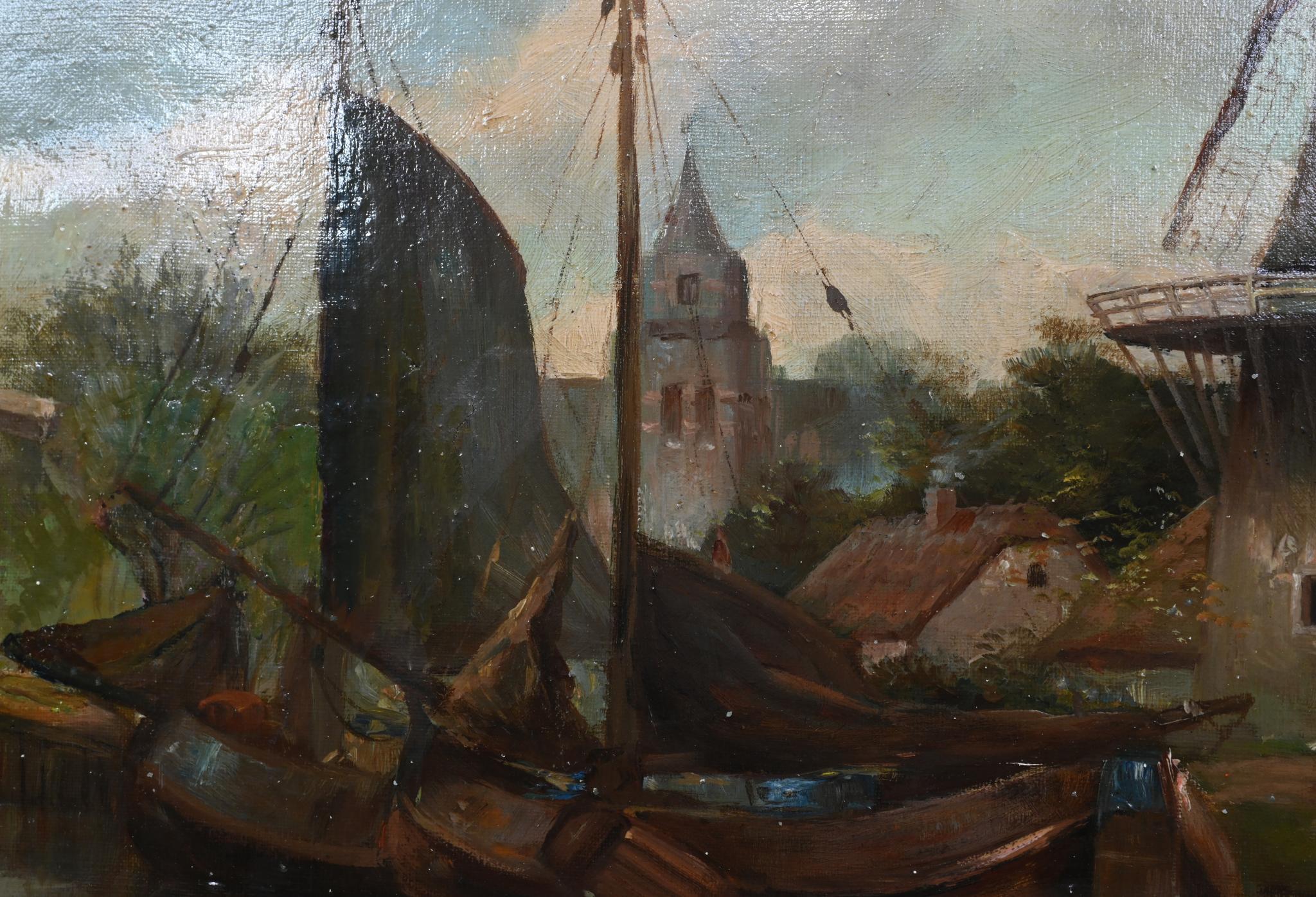 Peinture à l'huile hollandaise ancienne Paysage de moulin à vent sur canal 1880 en vente 2