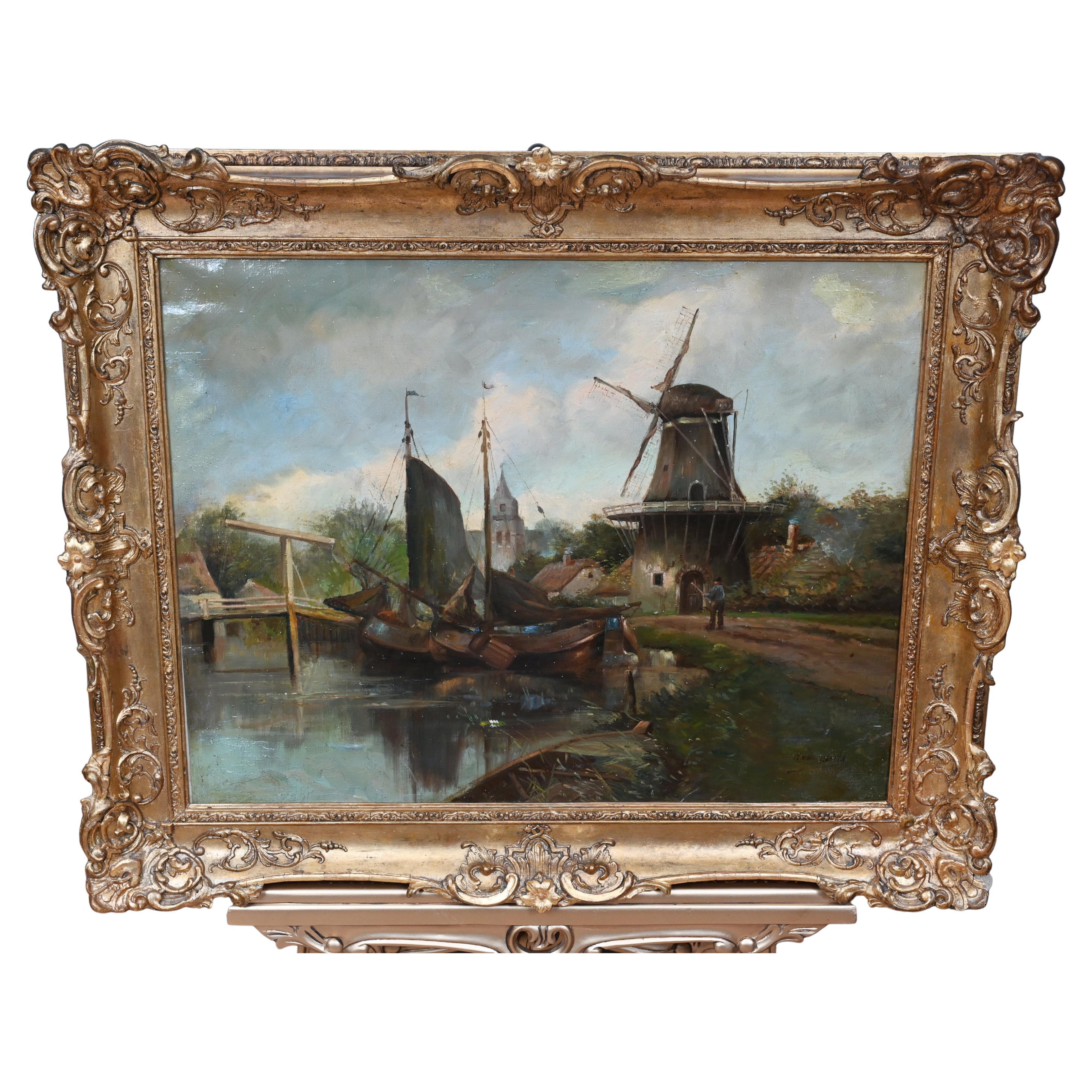 Pintura al óleo holandesa antigua Paisaje del molino de viento del canal 1880