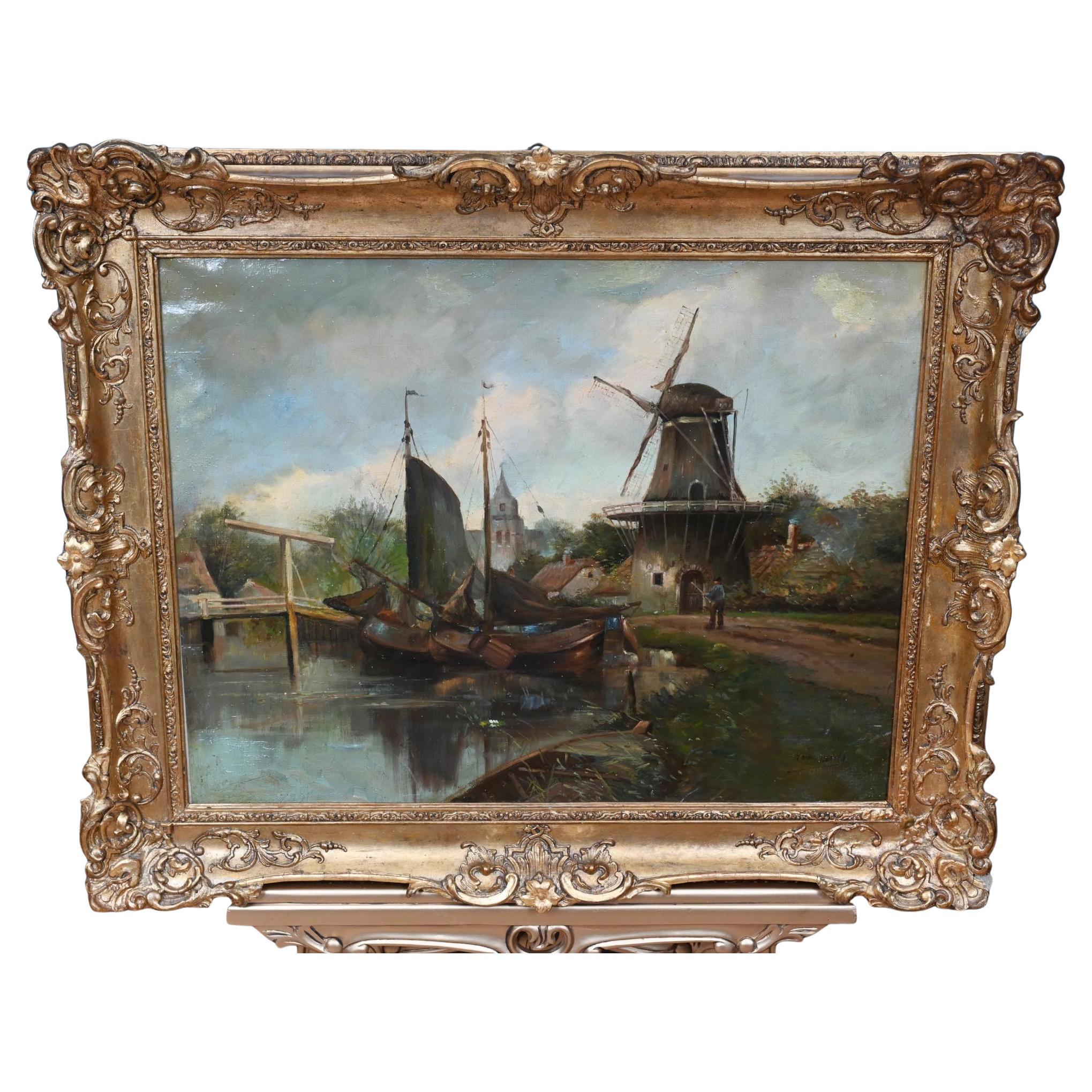 Peinture à l
huile hollandaise ancienne Paysage de moulin à vent sur canal 1880