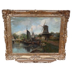 Peinture à l
huile hollandaise ancienne Paysage de moulin à vent sur canal 1880