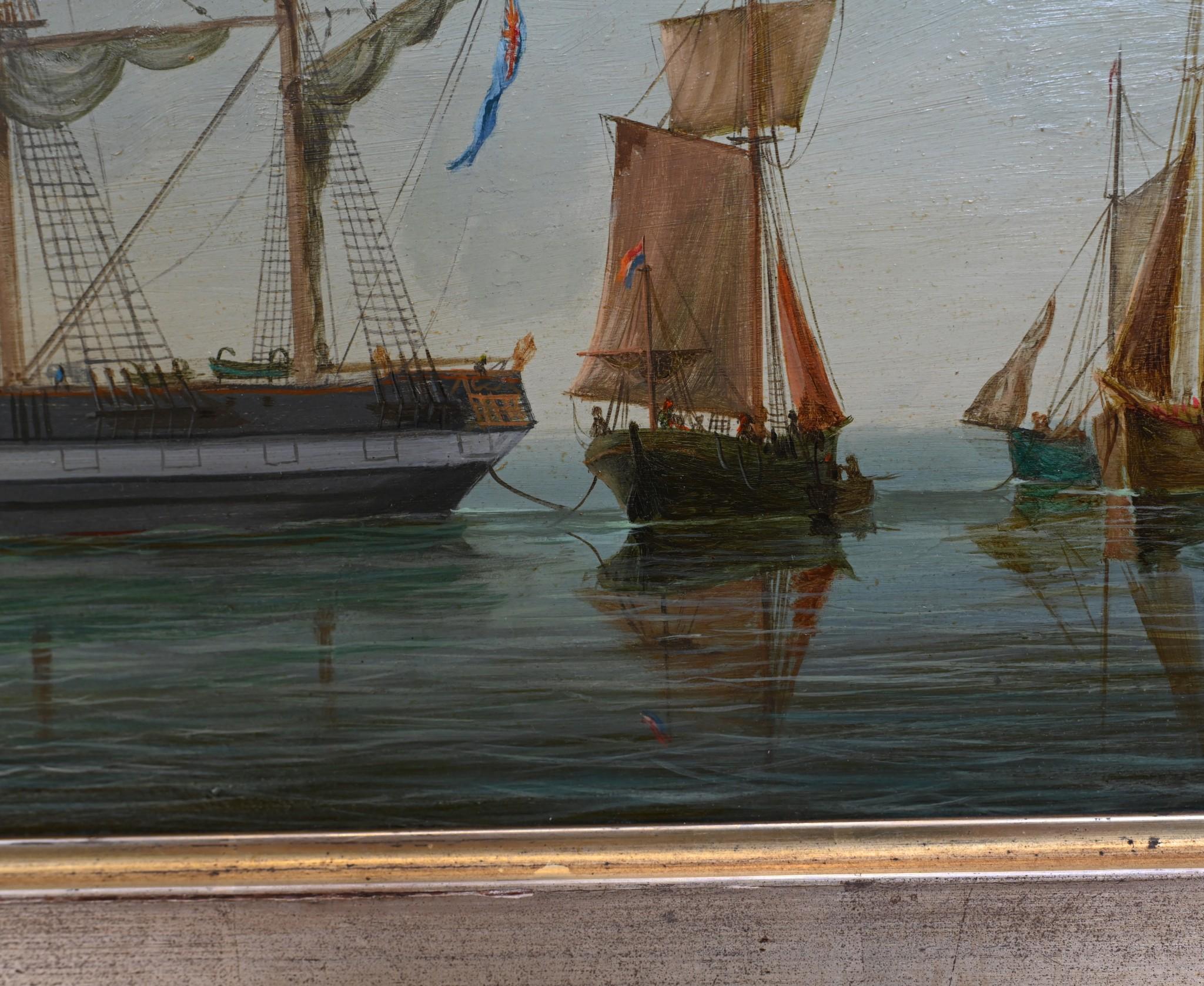 Late 19th Century Antique Dutch Oil Painting Maritime Rotterdam Clipper Boat 1890