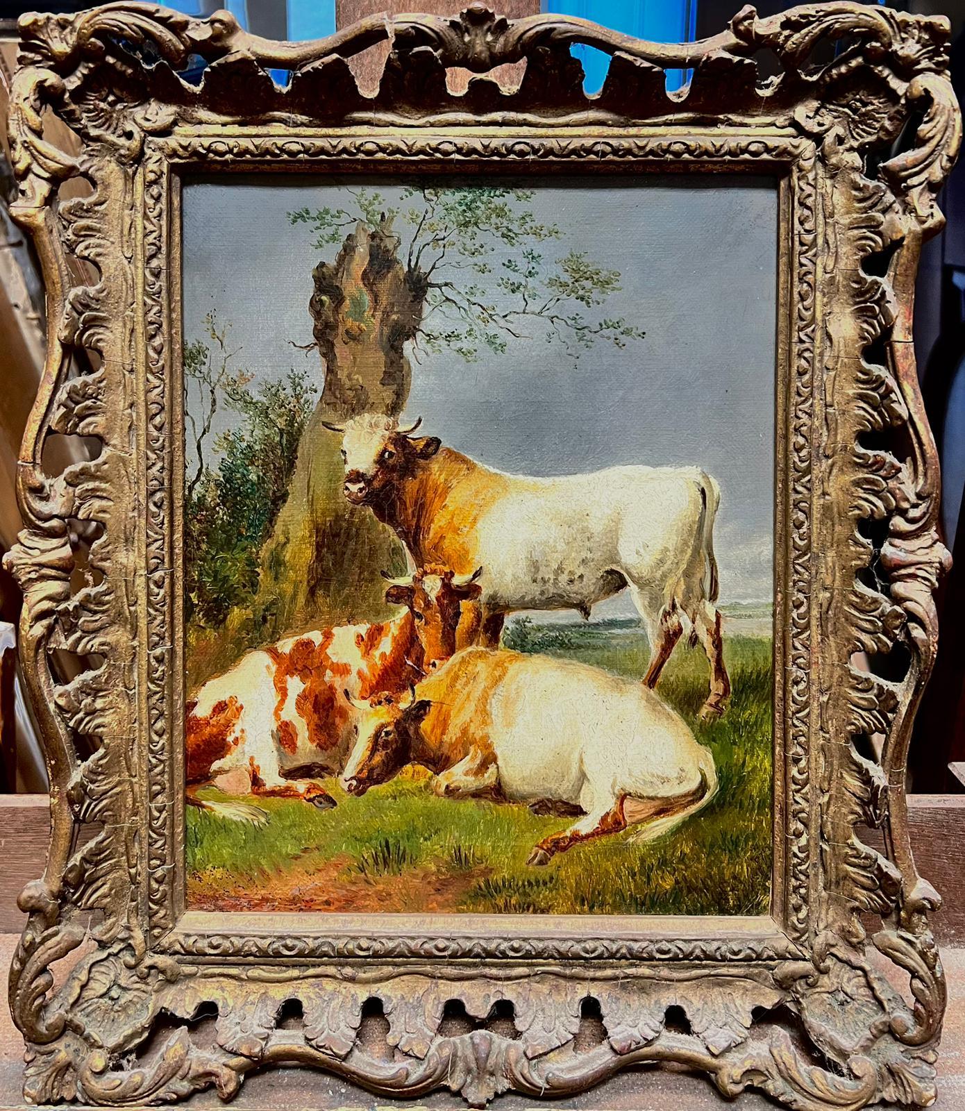 19th Century Dutch School Oil Landscape with Bull and two Cows in Meadow - Painting by Antique Dutch Oil