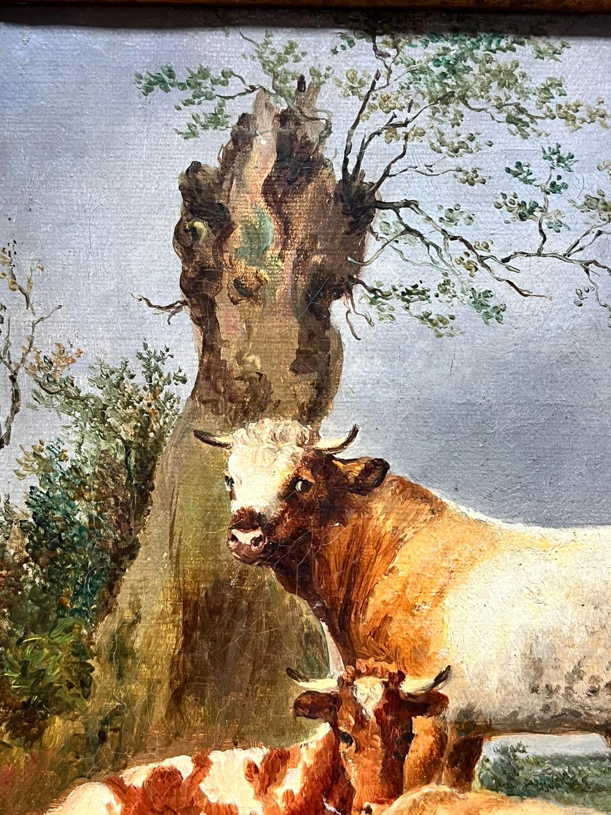 Öl-Landschaft der niederländischen Schule des 19. Jahrhunderts mit Stier und zwei Kühen in Meadow im Angebot 1