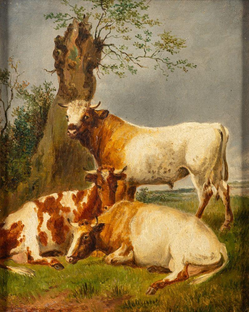Paysage à l'huile de l'école néerlandaise du 19e siècle avec un taureau et deux vaches dans une prairie
