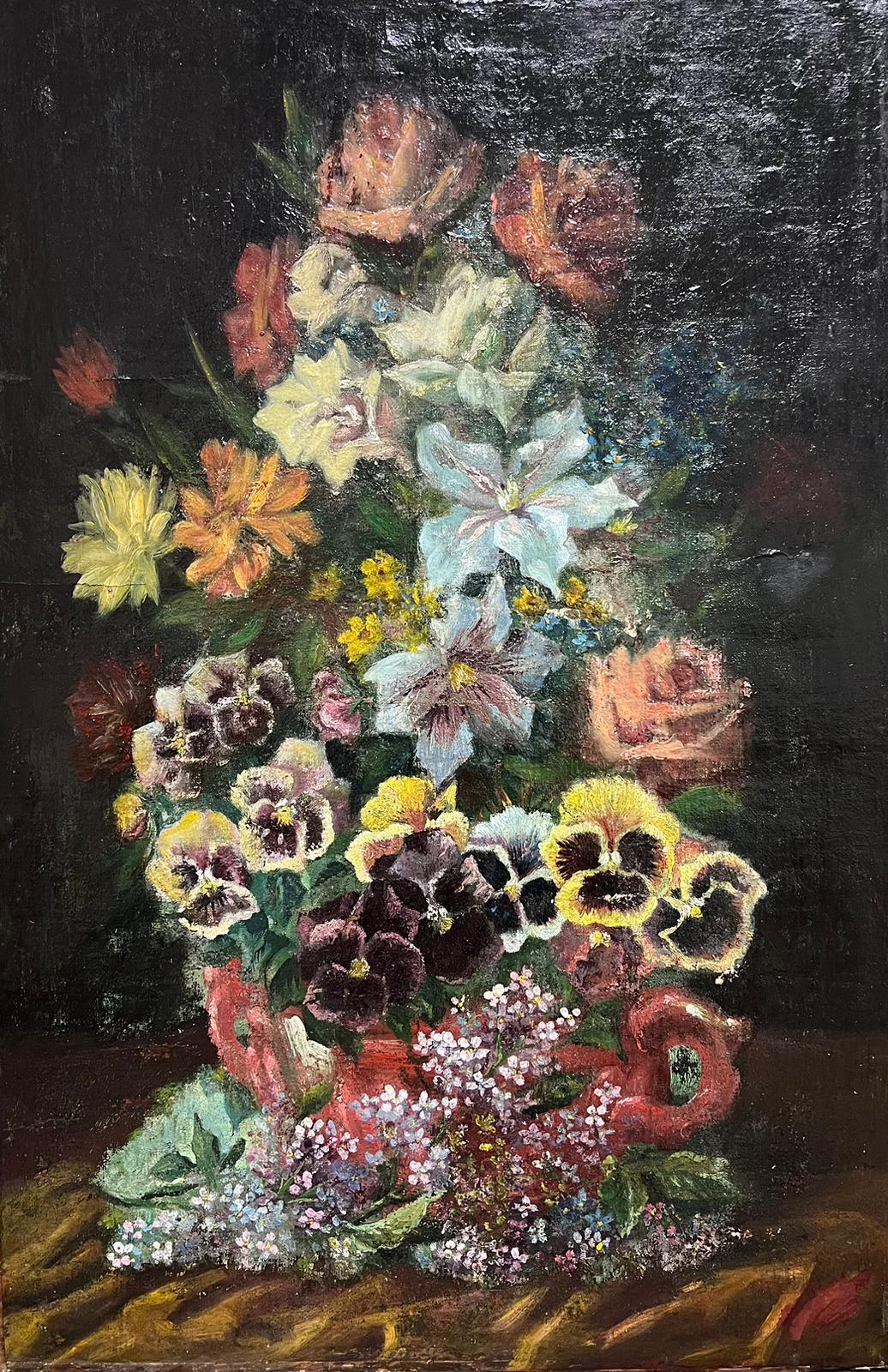 Interior Painting Antique Dutch Oil - Nature morte classique de fleurs Présentation ornée Peinture à l'huile hollandaise ancienne