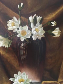 Antique Dutch Painting, Pijnenburg, Water Lilies in Vase, Oil on Canvas, 1902