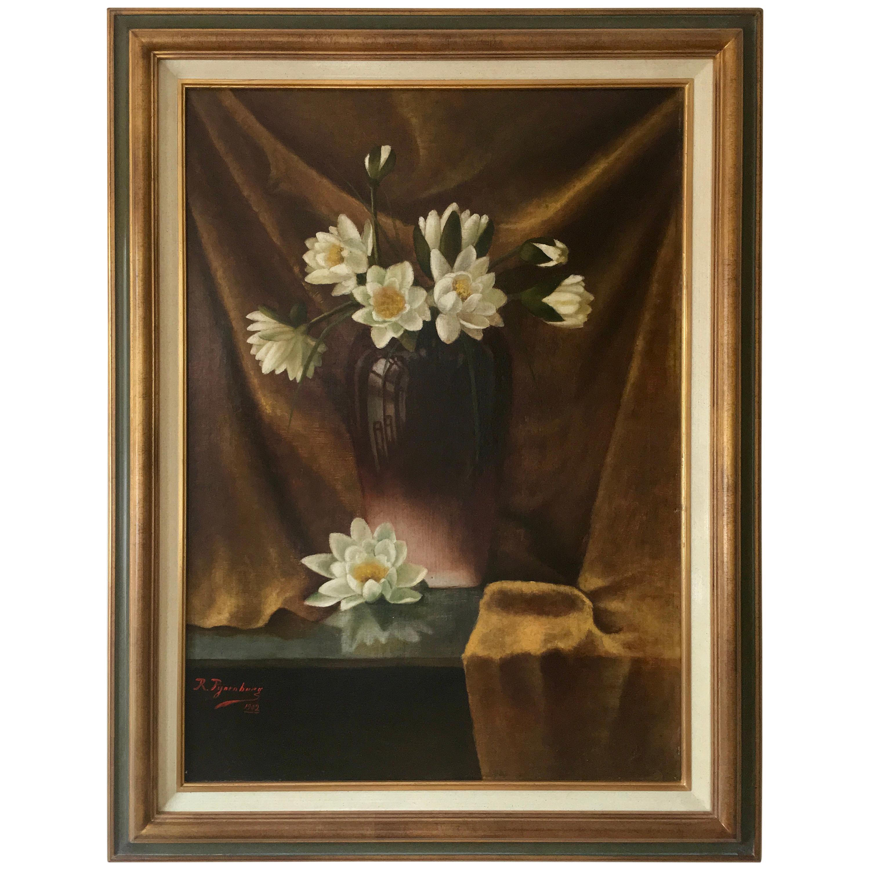 Antique Dutch Painting, Pijnenburg, Water Lilies in Vase, Oil on Canvas, 1902 For Sale