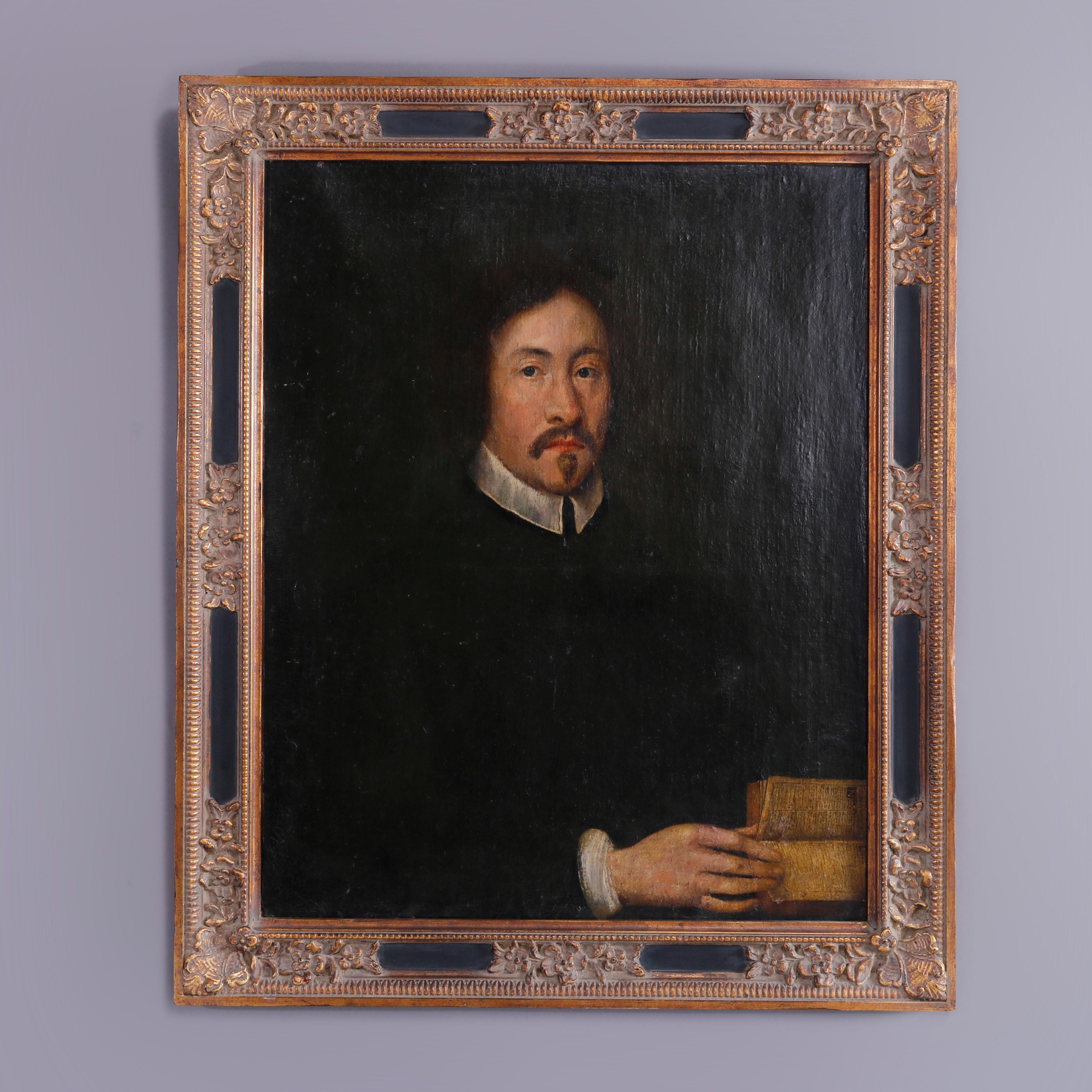 An antique Dutch painting offers oil on canvas portrait of a gentleman scholar, seated in parcel gilt frame, 18th century

Measures - 27.25''h x 33.25''w x 1.75''d; sight 21.75'' x 27.5''.