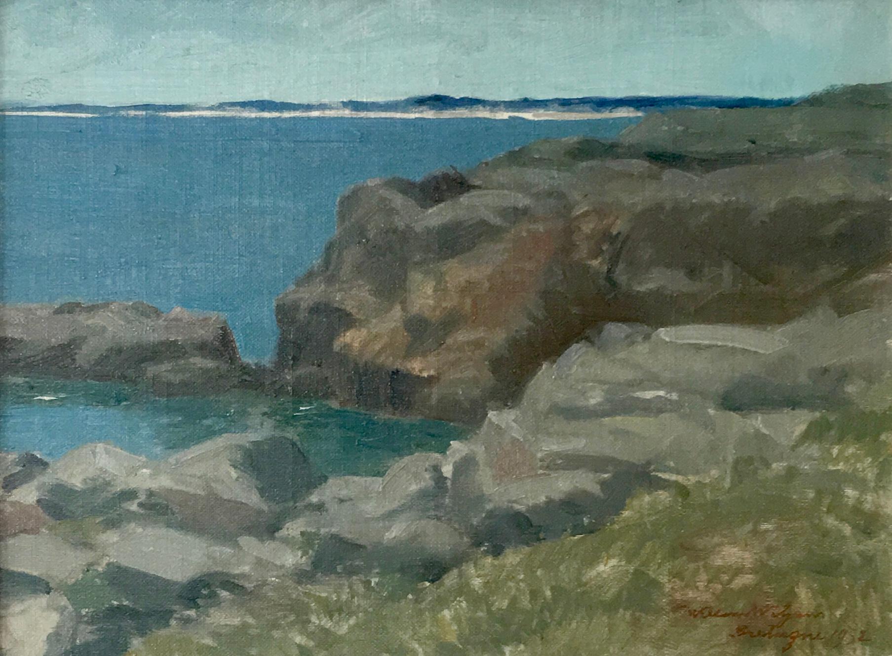 Willem Witjens painted this view on Bénodet coast in France. He must have been inspired by this impressive rocky coastline during one of his journeys. See the picture of the actual coastline close to Bénodet in Bretagne. This must be close to the