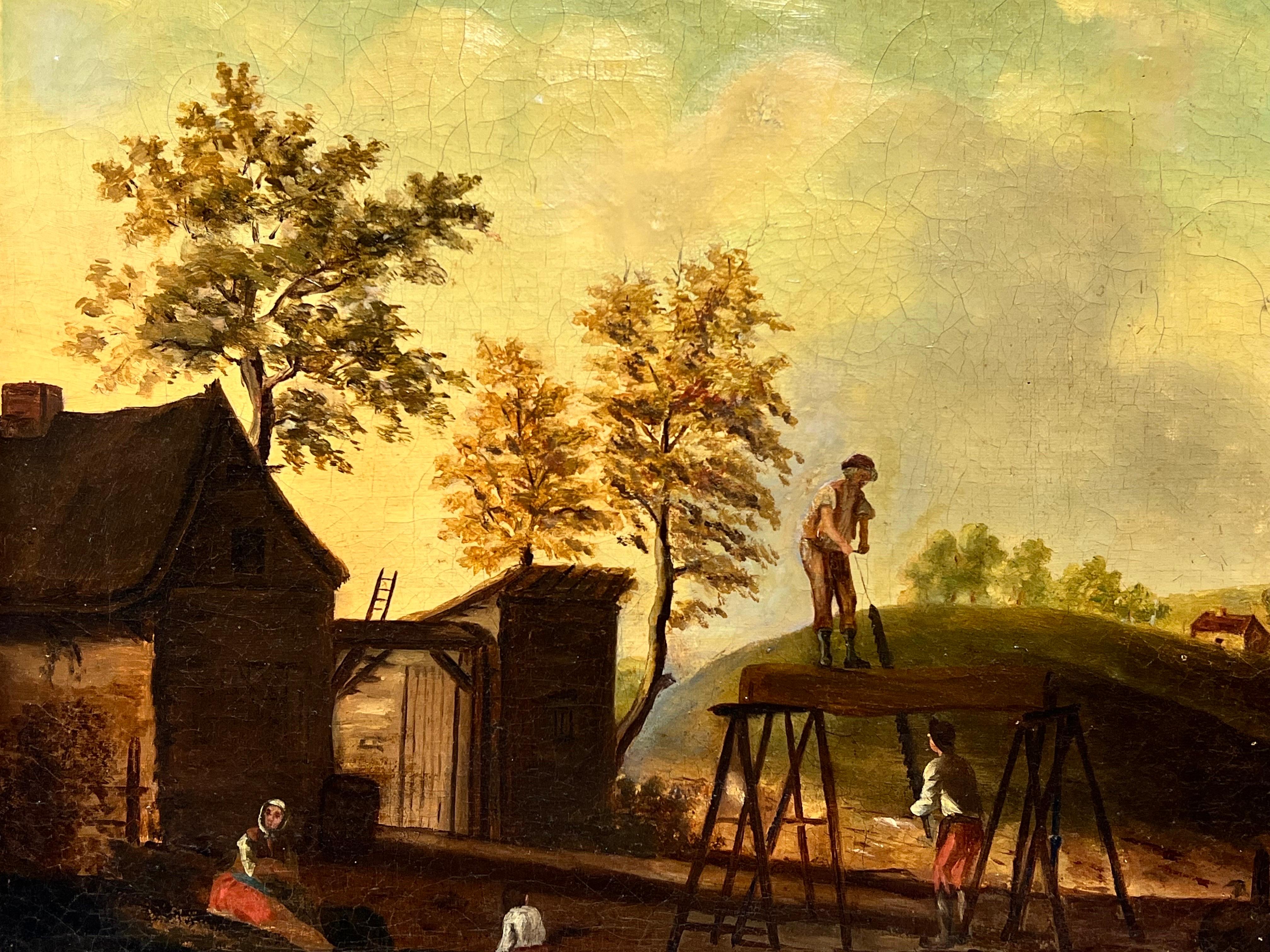Artist/ School: Dutch School, 19th century

Title: Builders working in Dutch landscape

Medium: oil on canvas, framed 

Framed: 19 x 20 inches
Canvas: 13 x 14 inches

Provenance: private collection, France

Condition: The painting is in overall very