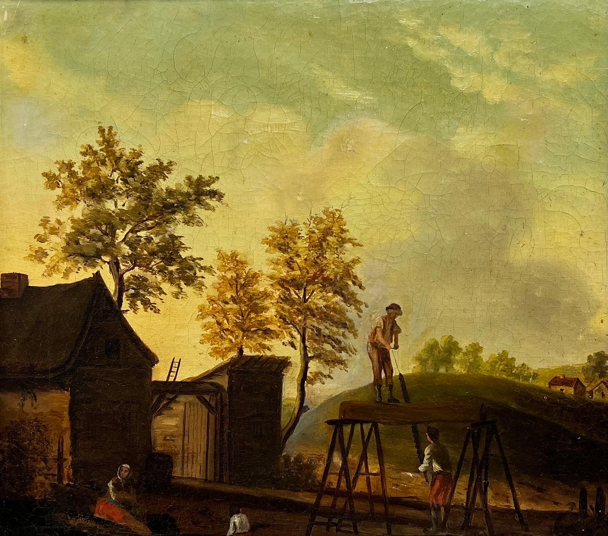 Fine Antique Dutch Oil Painting Builders at Work outside Village Landscape 1