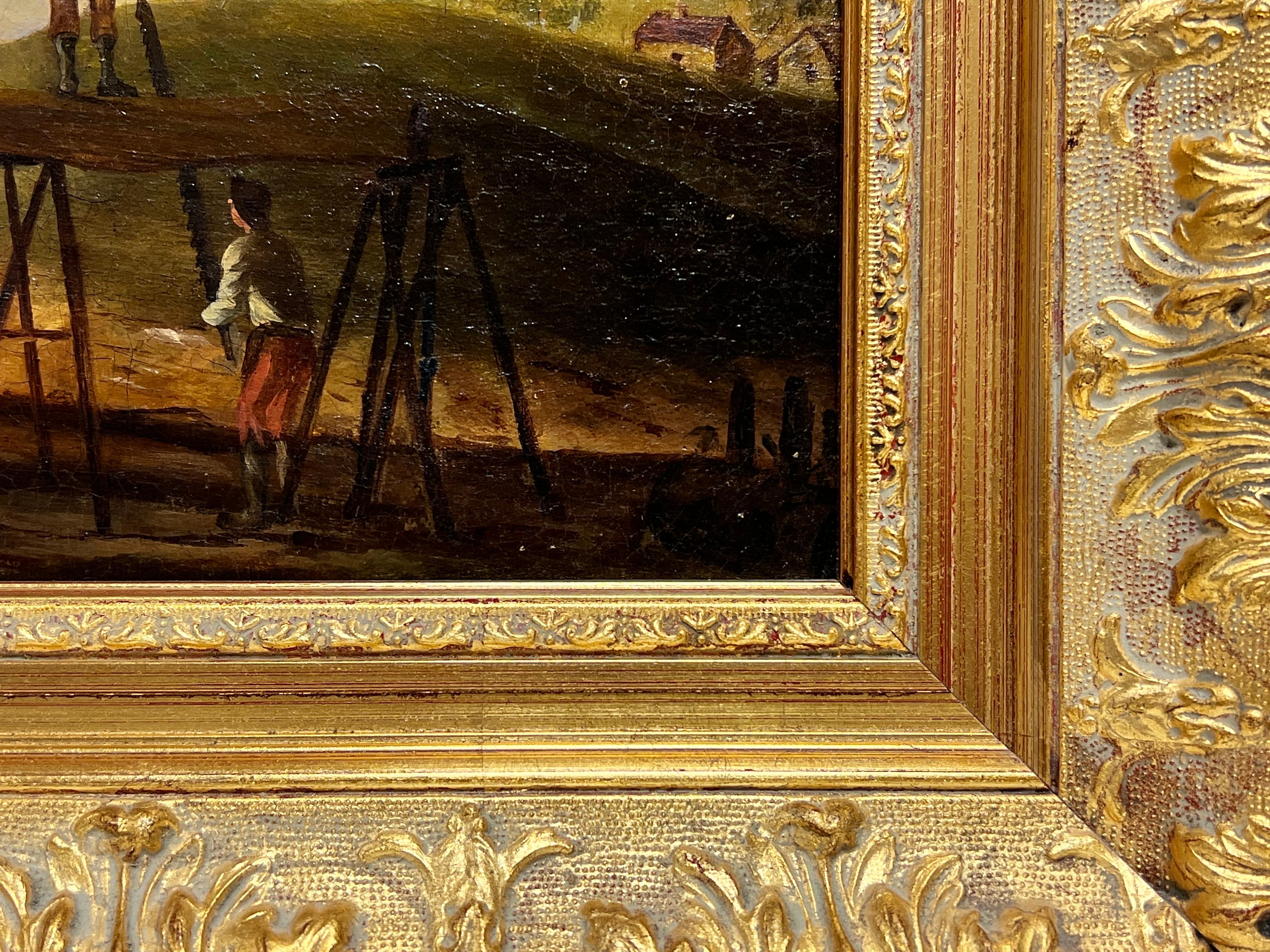 Fine Antique Dutch Oil Painting Builders at Work outside Village Landscape 2