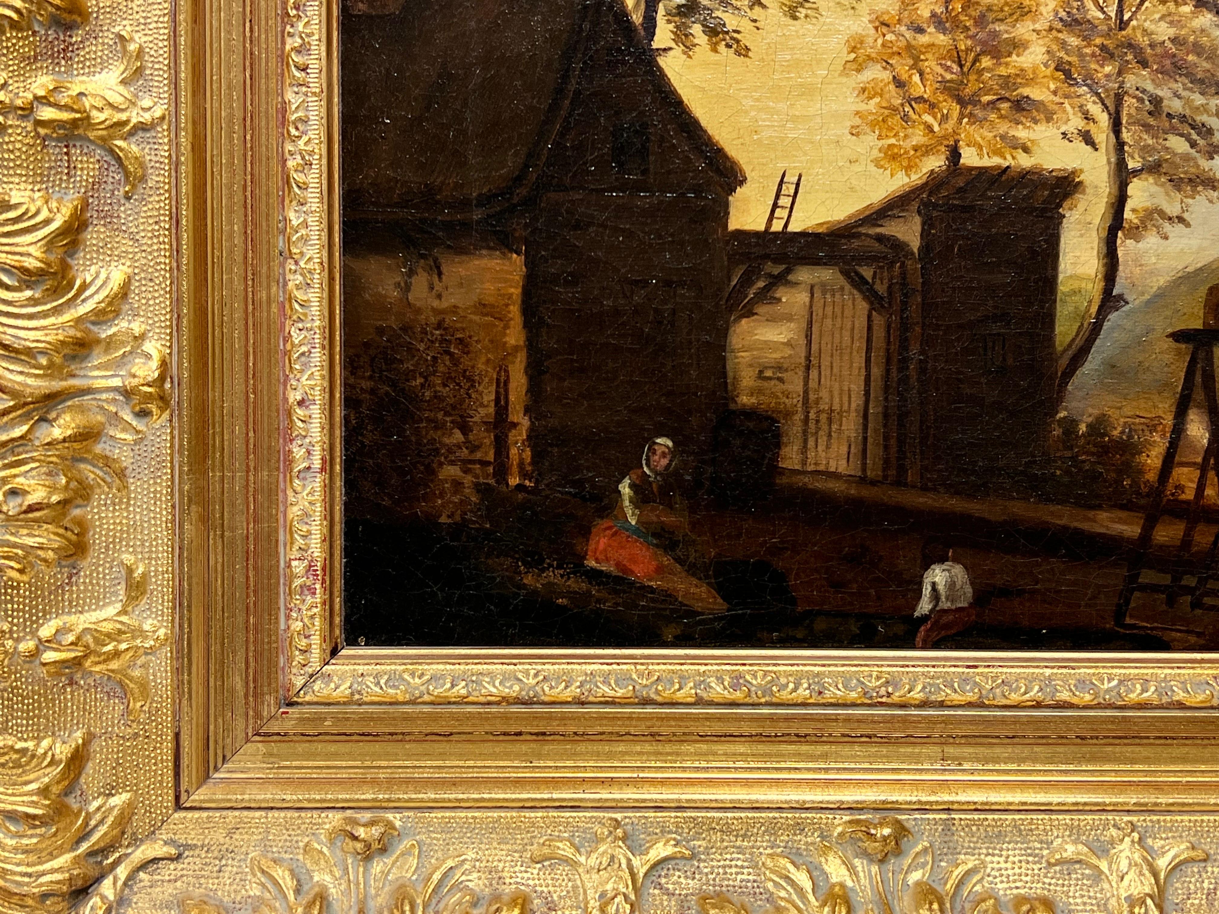 Fine Antique Dutch Oil Painting Builders at Work outside Village Landscape 3