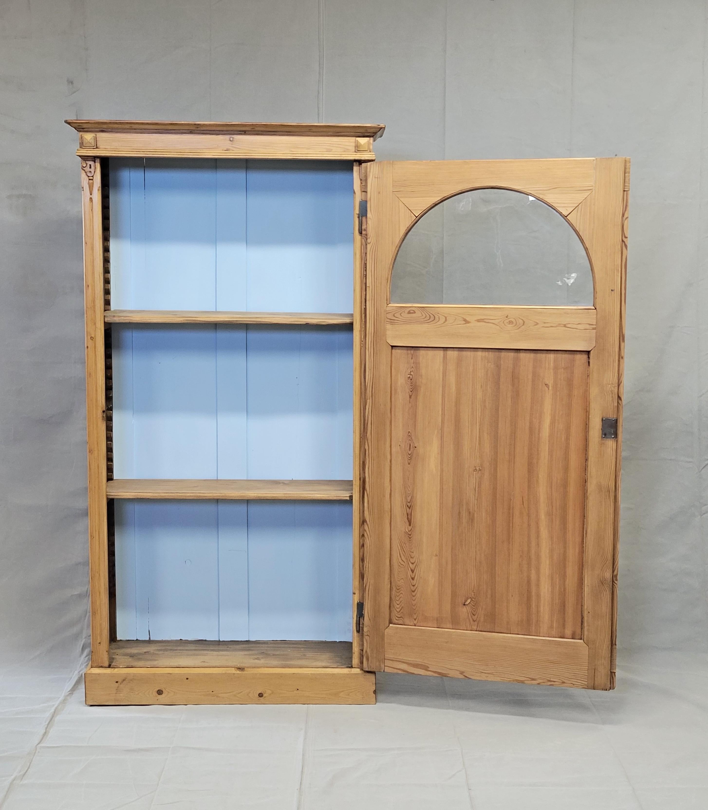 Art Deco Antique Dutch Pine Single Door Bookcase Cabinet With Glass Inset For Sale