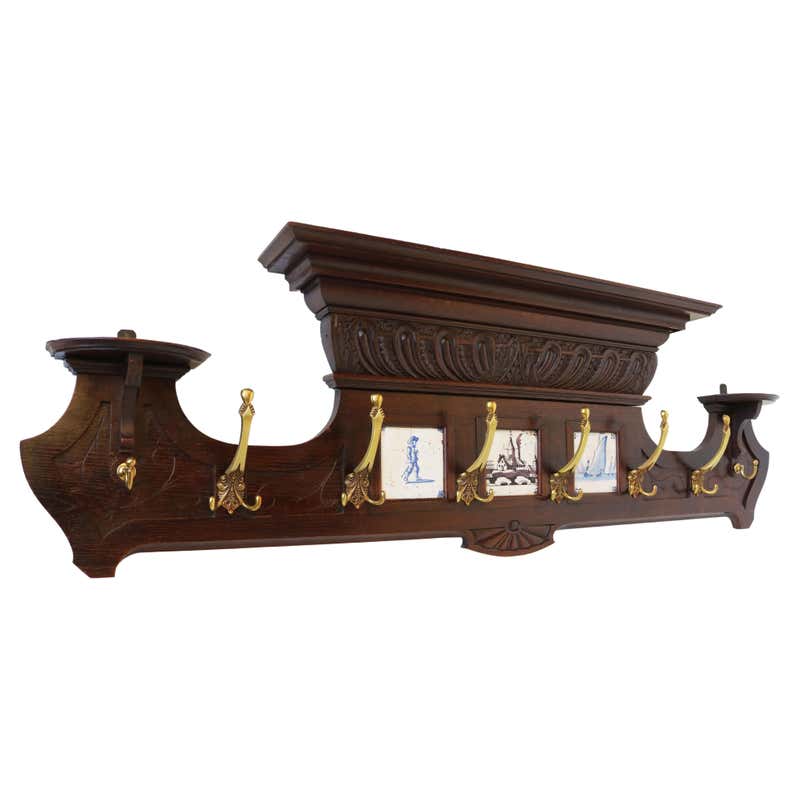 Stunning Large Antique Wall Coat Rack and Shelf w. Delft Blue Biblical ...