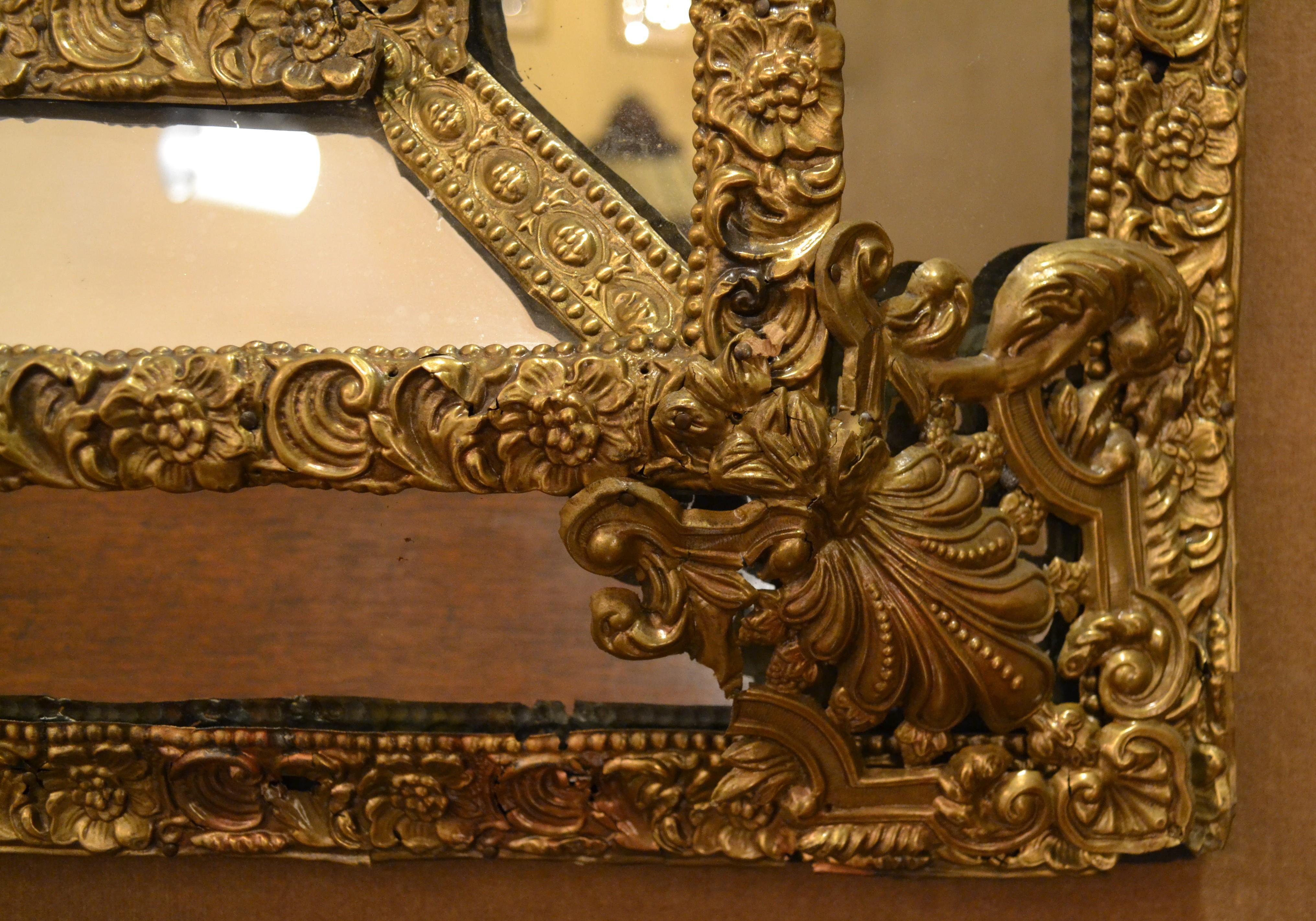 Antique Dutch repousse 19th century brass mirror Renaissance design.