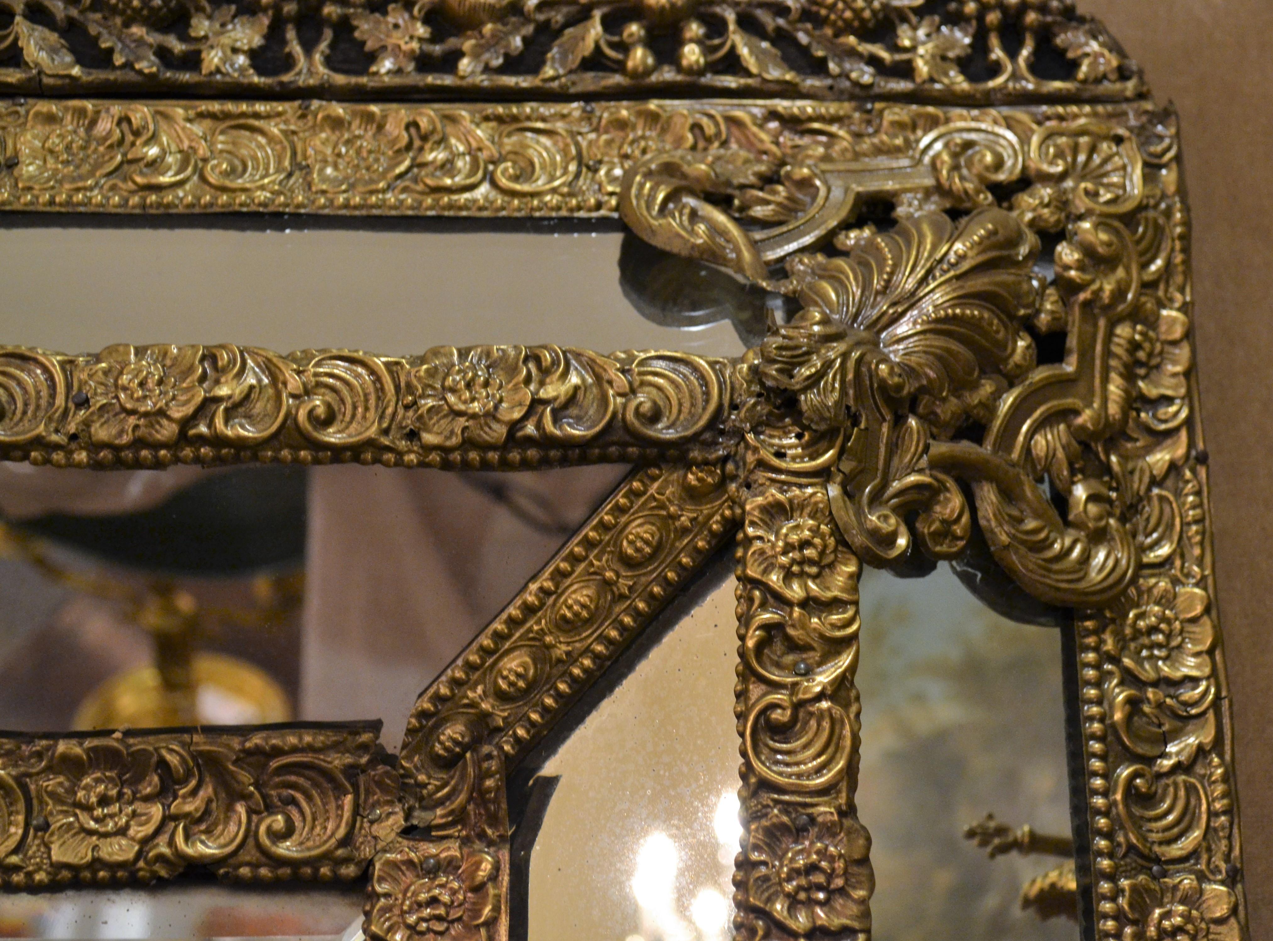 Antique Dutch Repousse 19th Century Brass Mirror Renaissance Design In Good Condition In New Orleans, LA