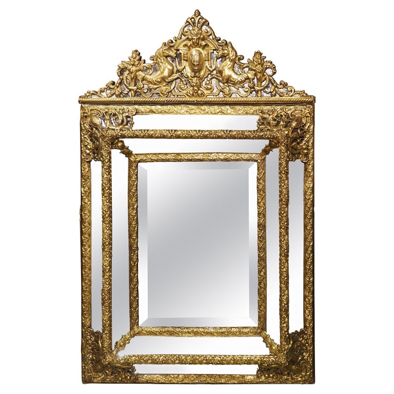 Antique Dutch Repousse Cushion Mirror with Lyre and Seahorse Ornamentation