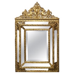 Antique Dutch Repousse Cushion Mirror with Lyre and Seahorse Ornamentation
