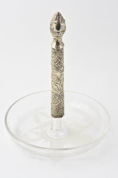 Antique Dutch Repousse Silver and Etched Crystal Candy Dishes, Pair