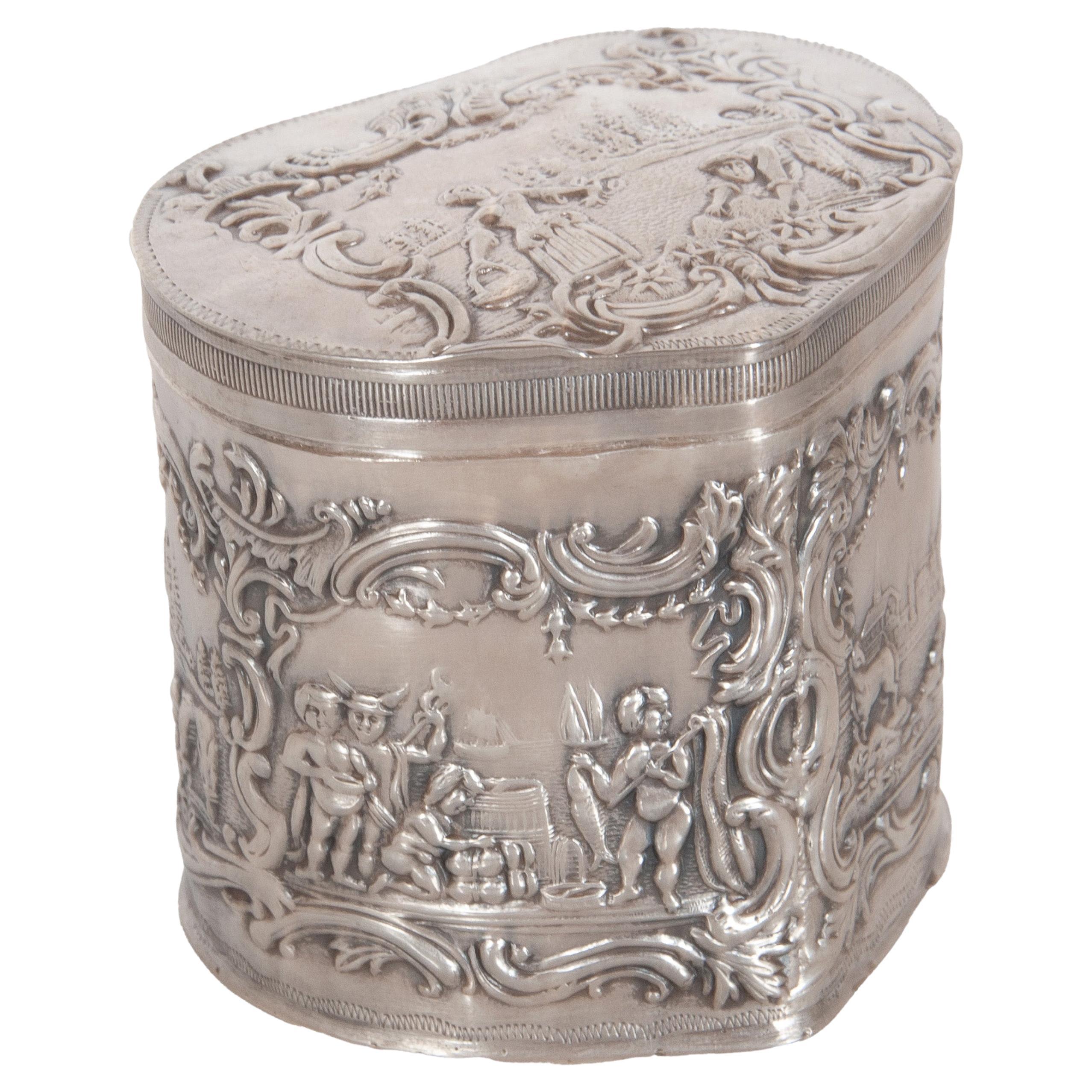 Antique Dutch Repousse Sterling Silver Heart Shaped Trinket Box Tea Caddy 1890